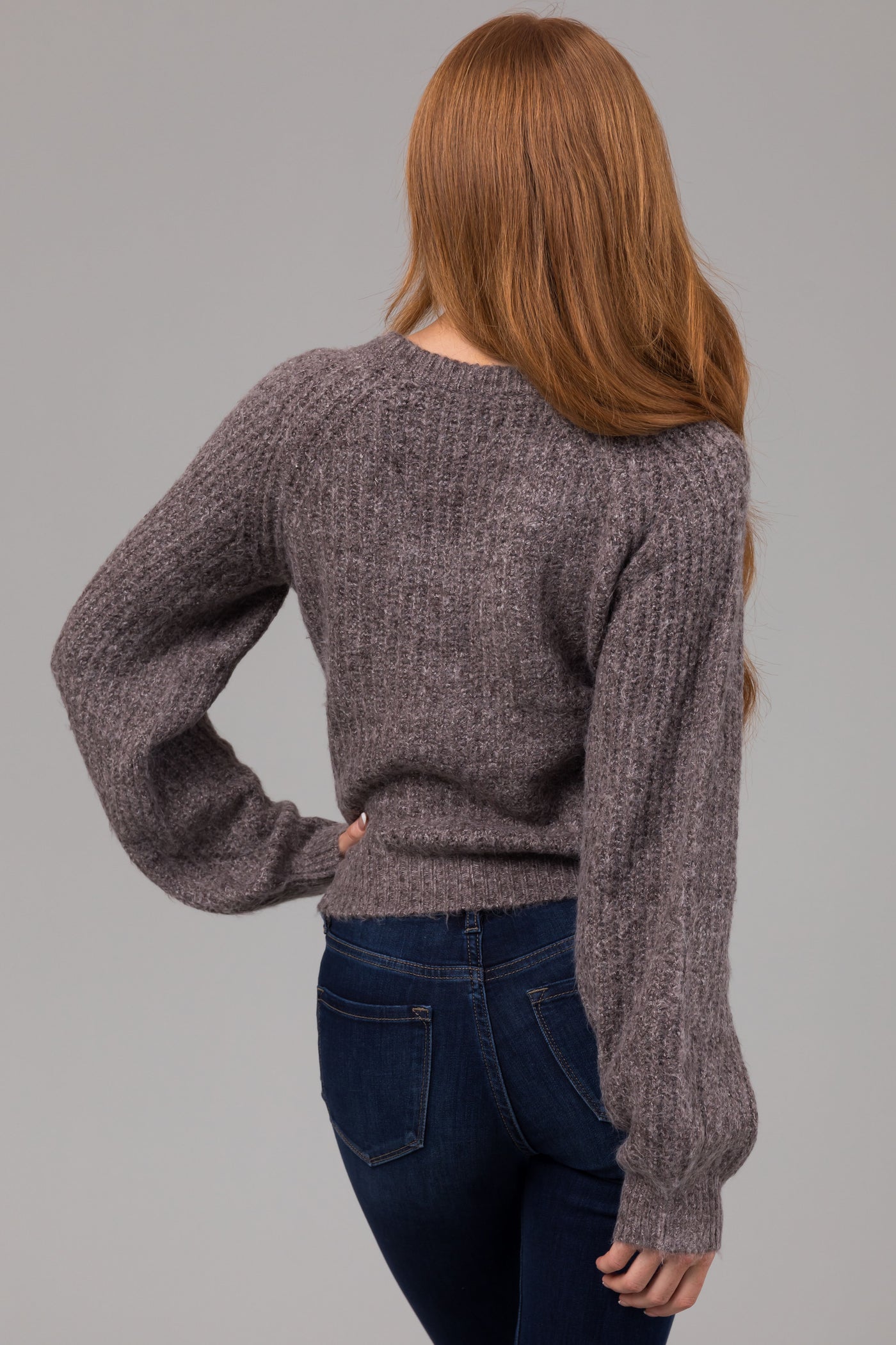 Heathered Graphite V Neck Bubble Sleeve Sweater