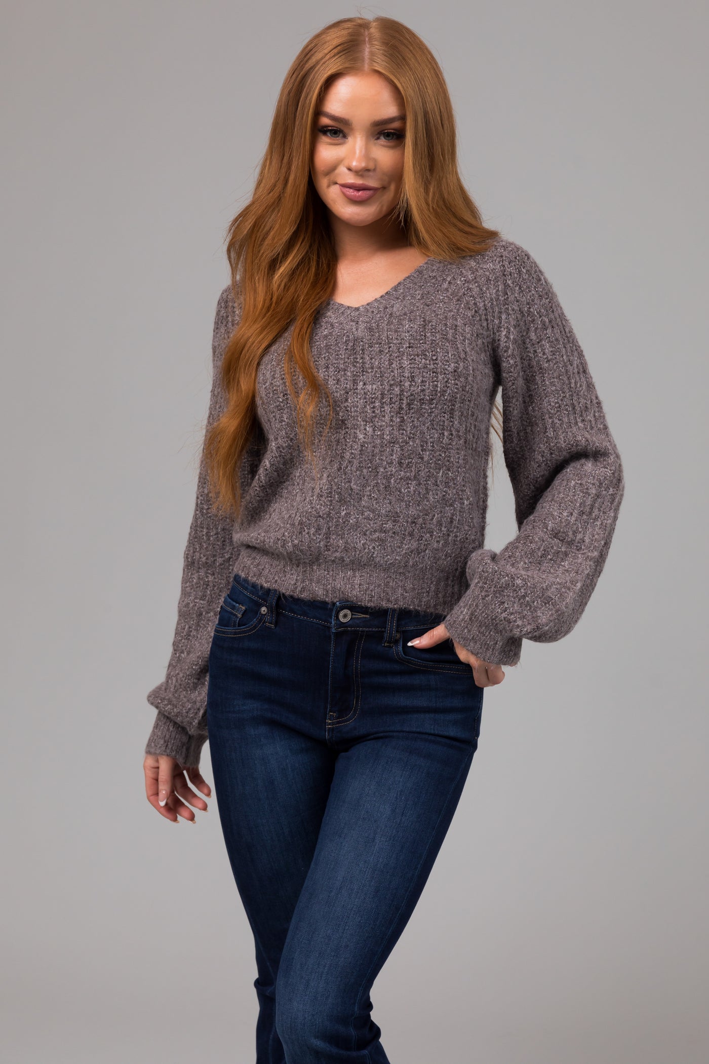 Heathered Graphite V Neck Bubble Sleeve Sweater