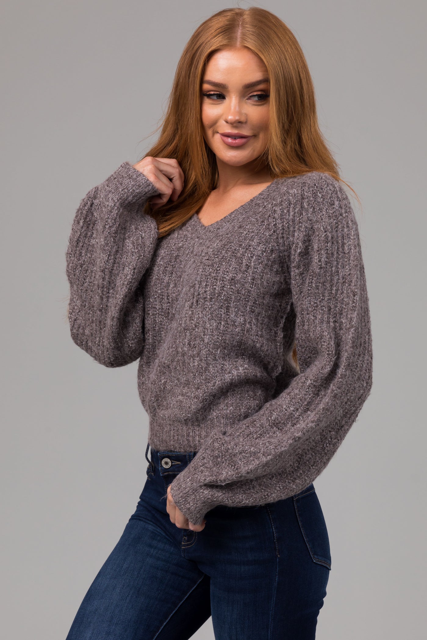 Heathered Graphite V Neck Bubble Sleeve Sweater
