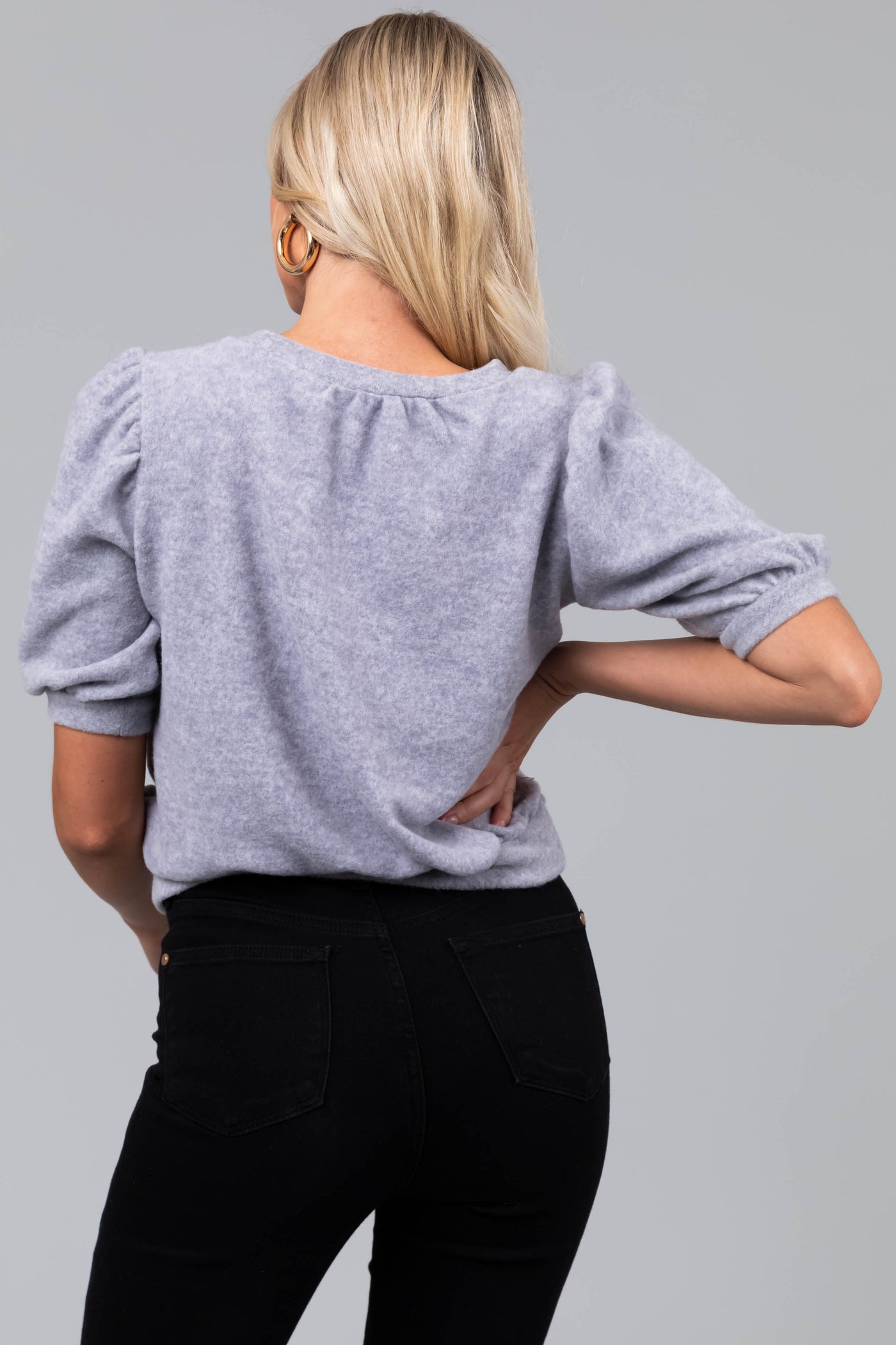 Heathered Grey Puff Sleeve Brushed Knit Top
