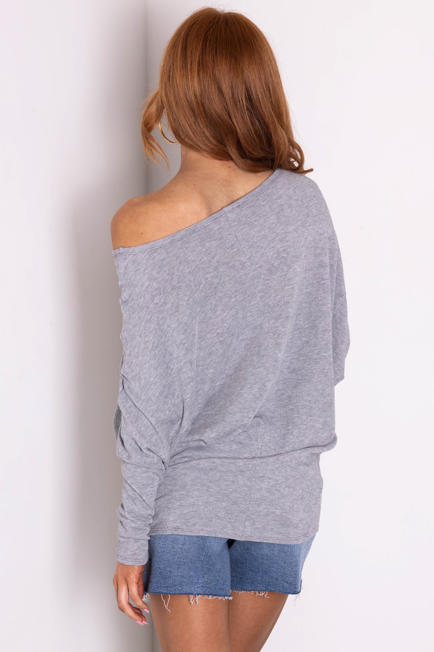 Heathered Grey Round Neck Knit Top with Long Dolman Sleeves