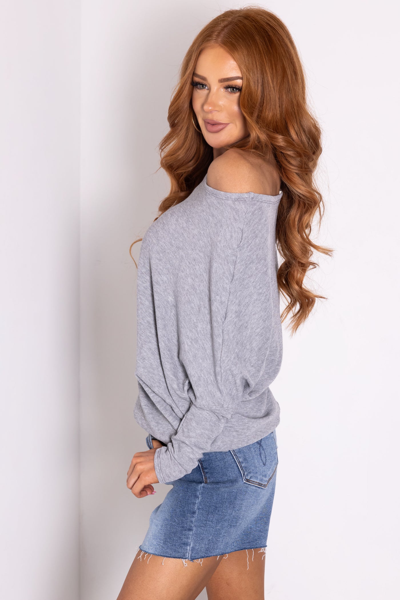 Heathered Grey Round Neck Knit Top with Long Dolman Sleeves