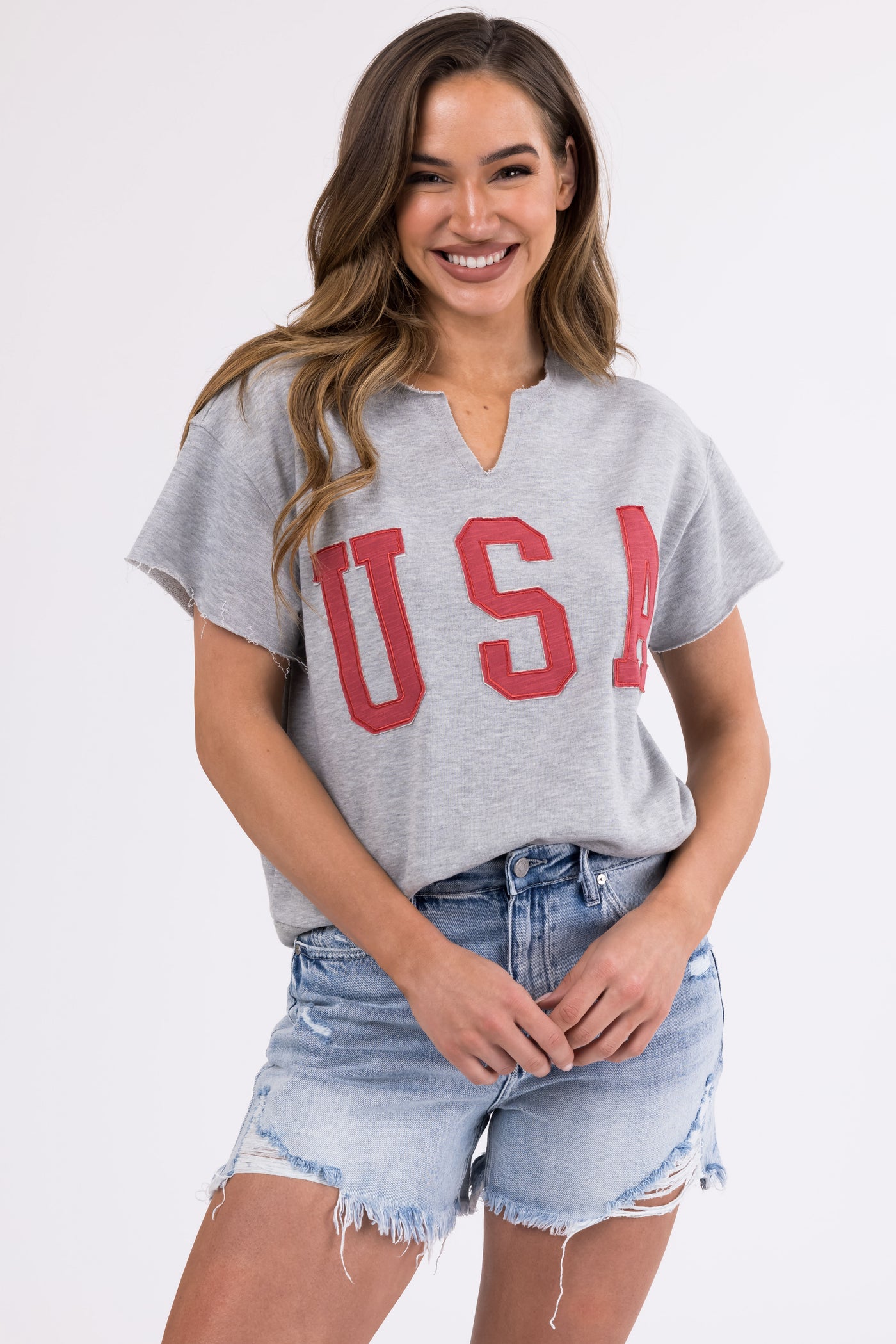 Heathered Grey Split Neck 'USA' Graphic Top