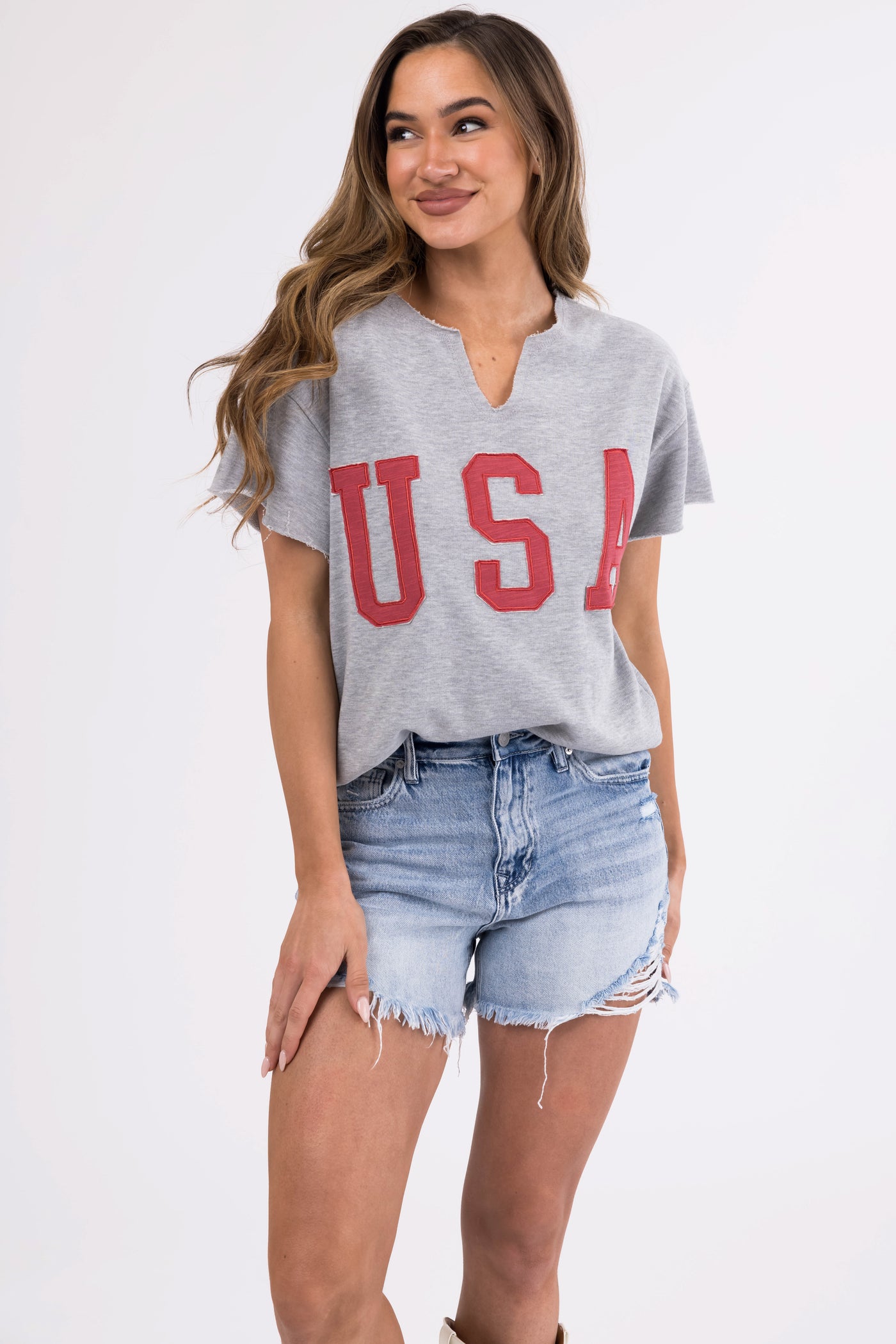 Heathered Grey Split Neck 'USA' Graphic Top