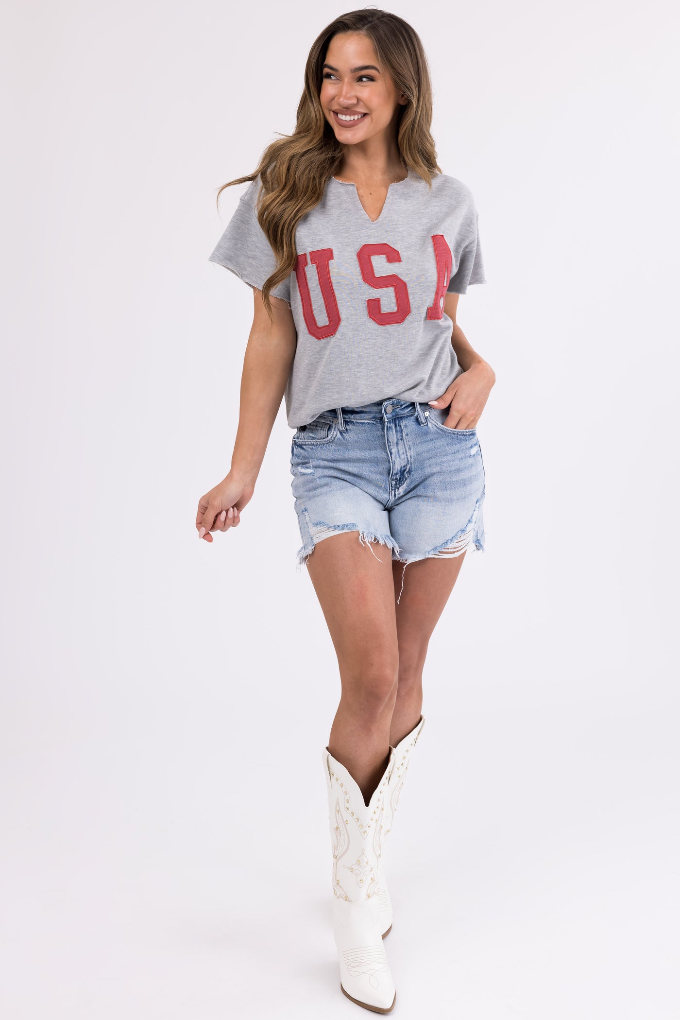 Heathered Grey Split Neck 'USA' Graphic Top