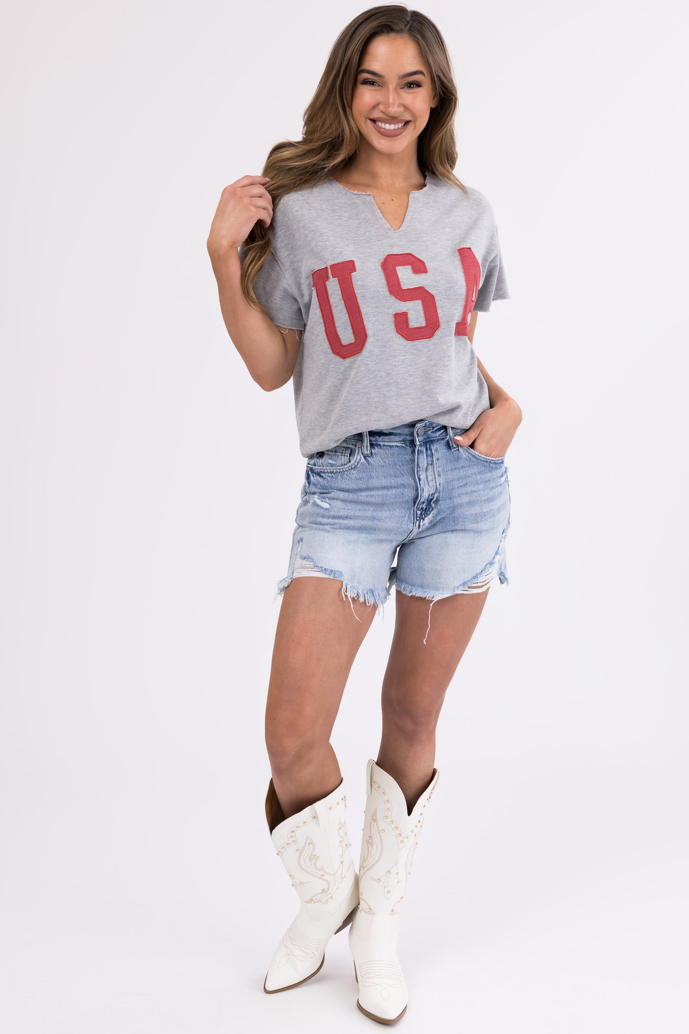 Heathered Grey Split Neck 'USA' Graphic Top