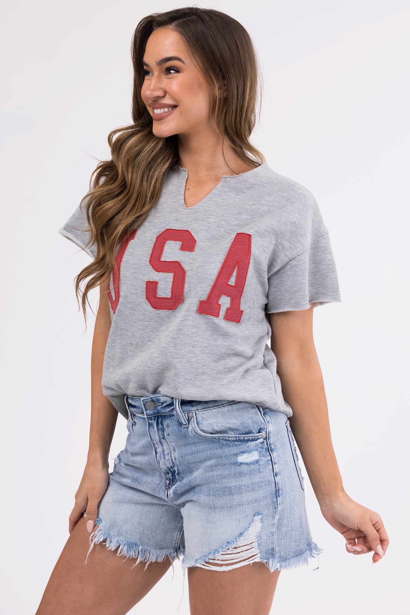 Heathered Grey Split Neck 'USA' Graphic Top