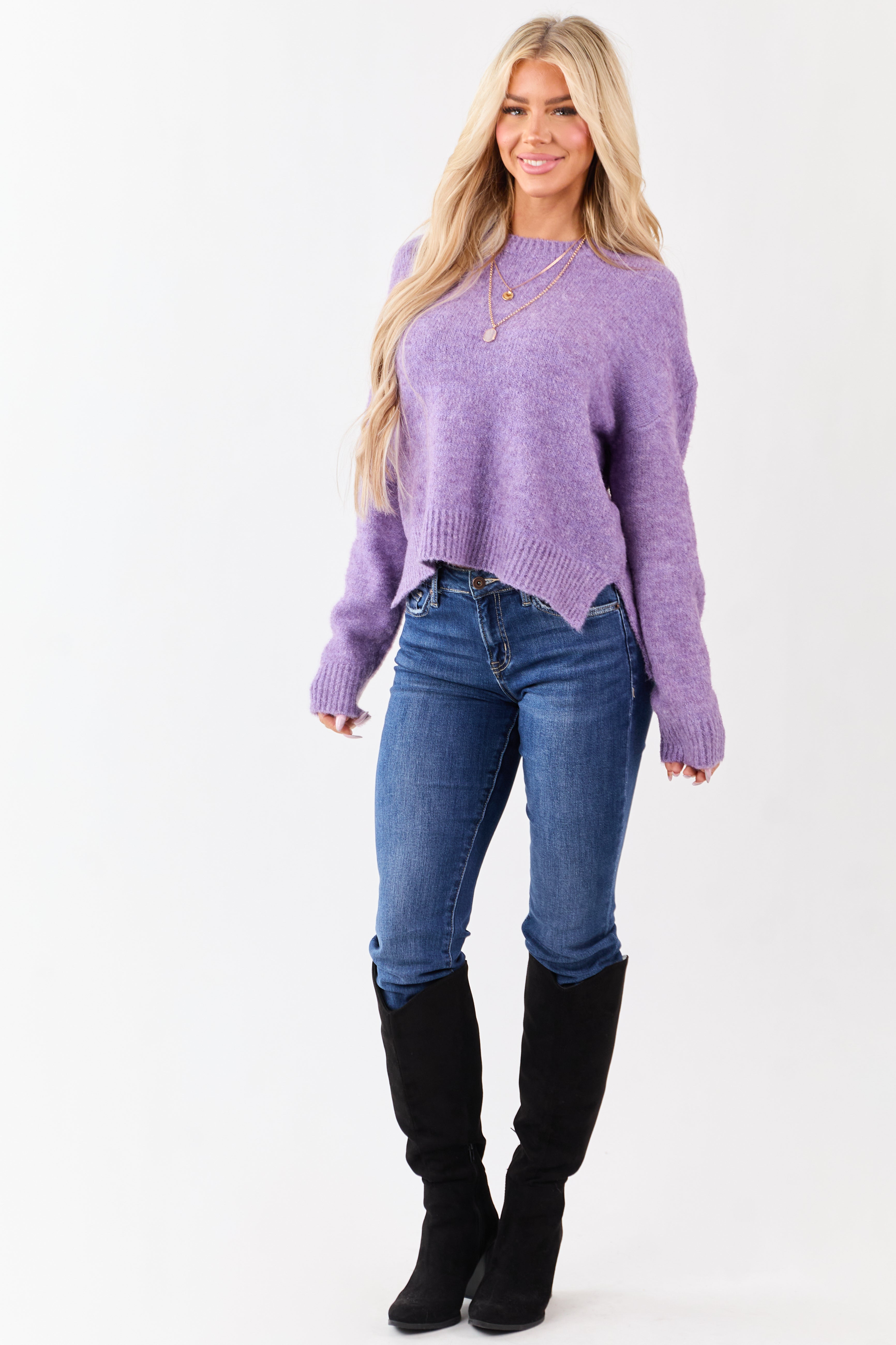 Heathered Iris Wool Blend Ribbed Trim Sweater