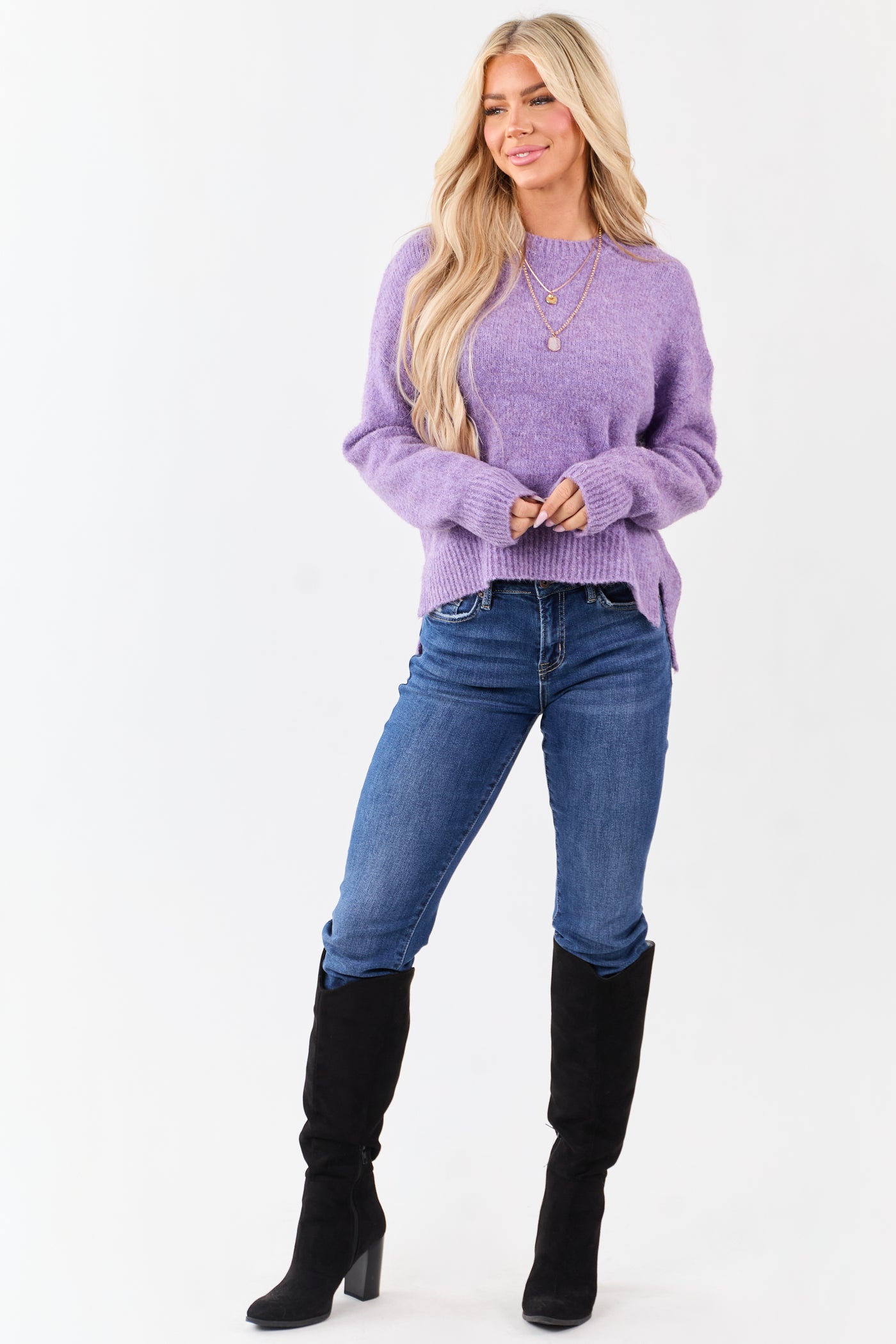 Heathered Iris Wool Blend Ribbed Trim Sweater