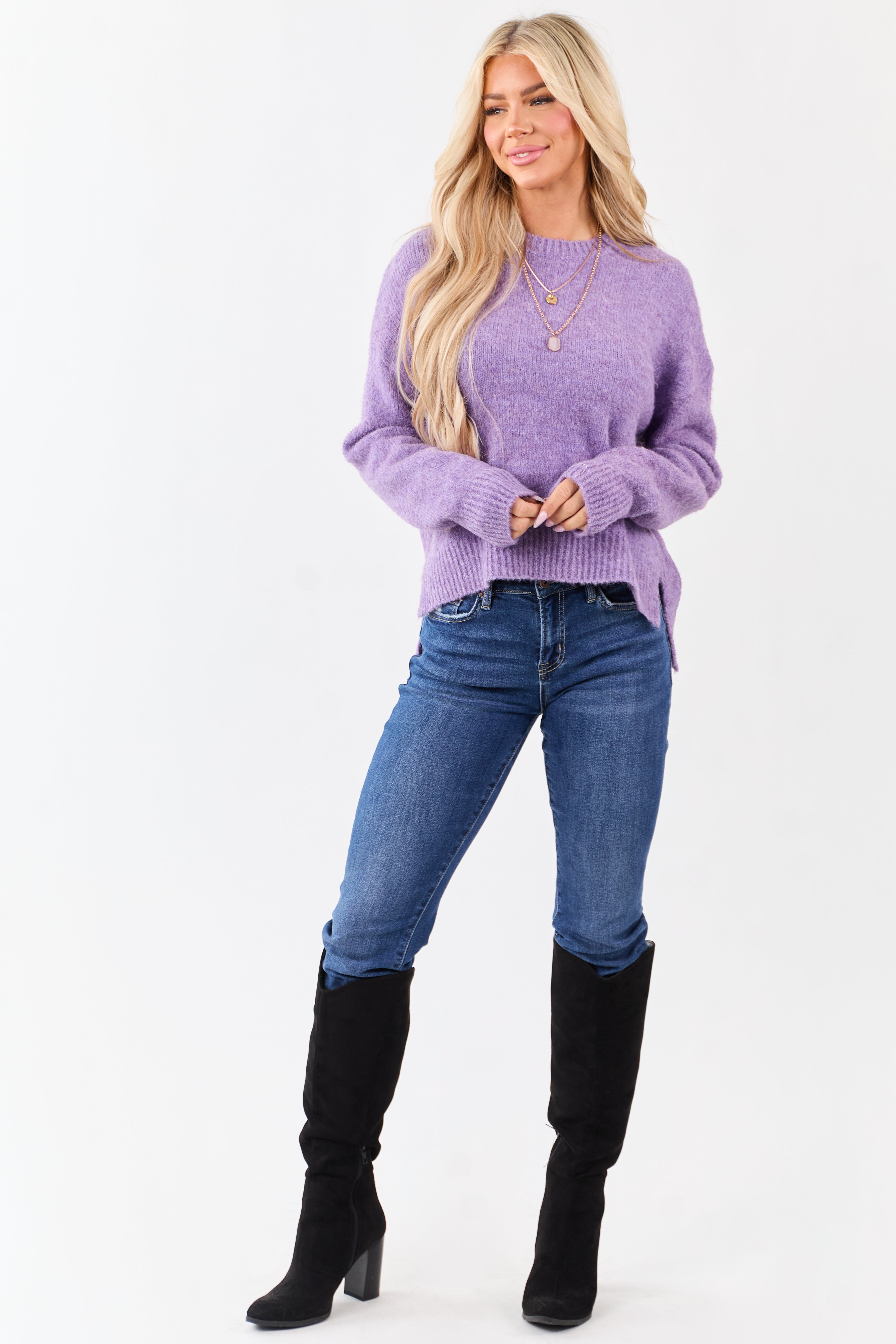 Heathered Iris Wool Blend Ribbed Trim Sweater