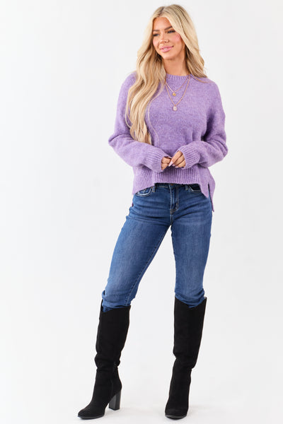 Heathered Iris Wool Blend Ribbed Trim Sweater