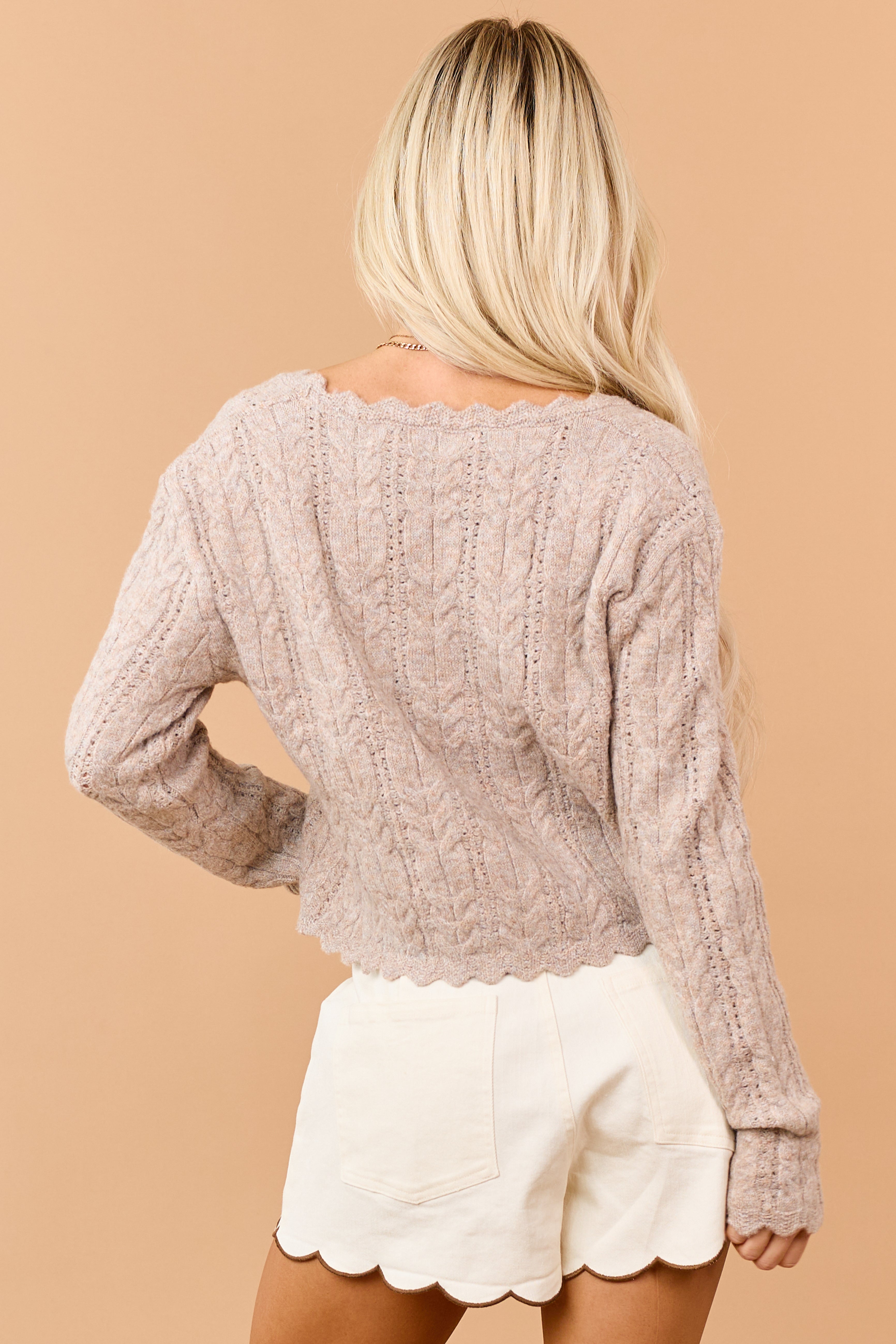 Heathered Latte Scallop Trim Cable Knit Cardigan