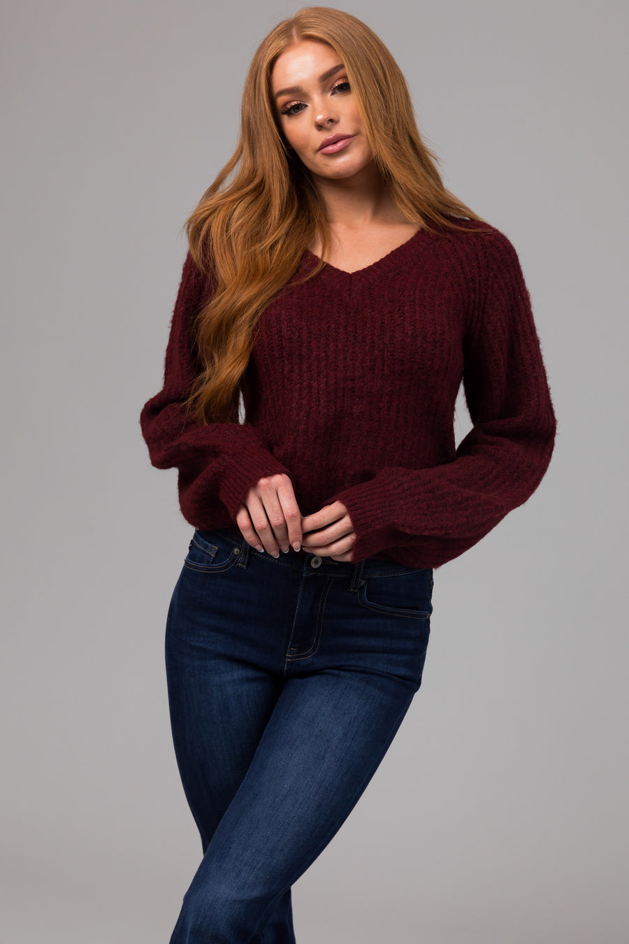Heathered Maroon V Neck Bubble Sleeve Sweater