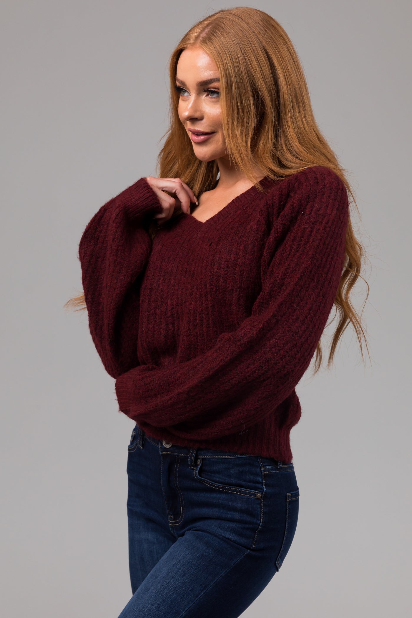 Heathered Maroon V Neck Bubble Sleeve Sweater