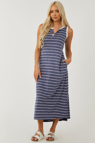 Heathered Navy Striped Notch Neck Midi Dress