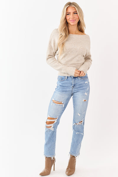 Heathered Oatmeal Off Shoulder Rib Knit Sweater