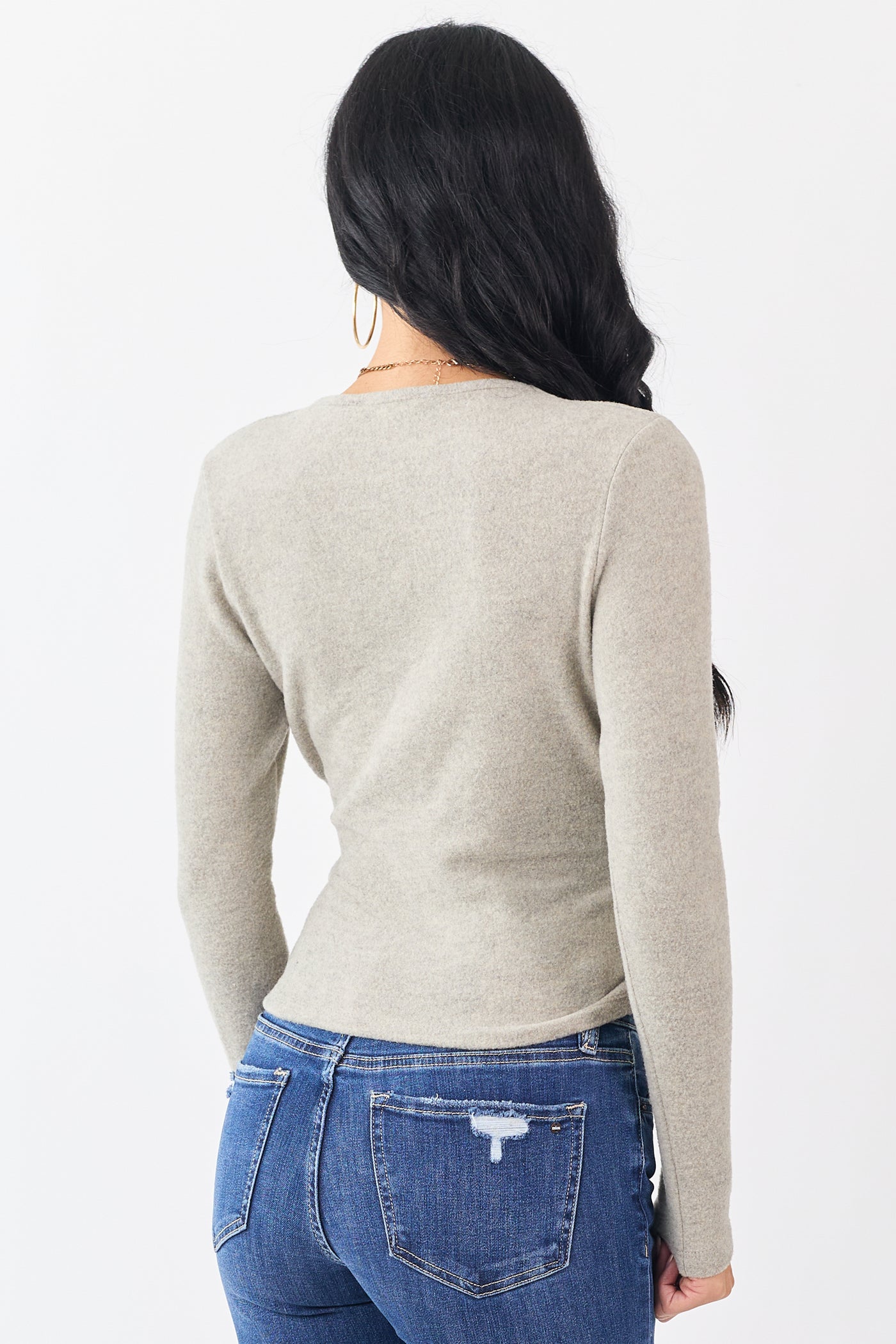 Heathered Oatmeal Surplice Long Sleeve Knit Top