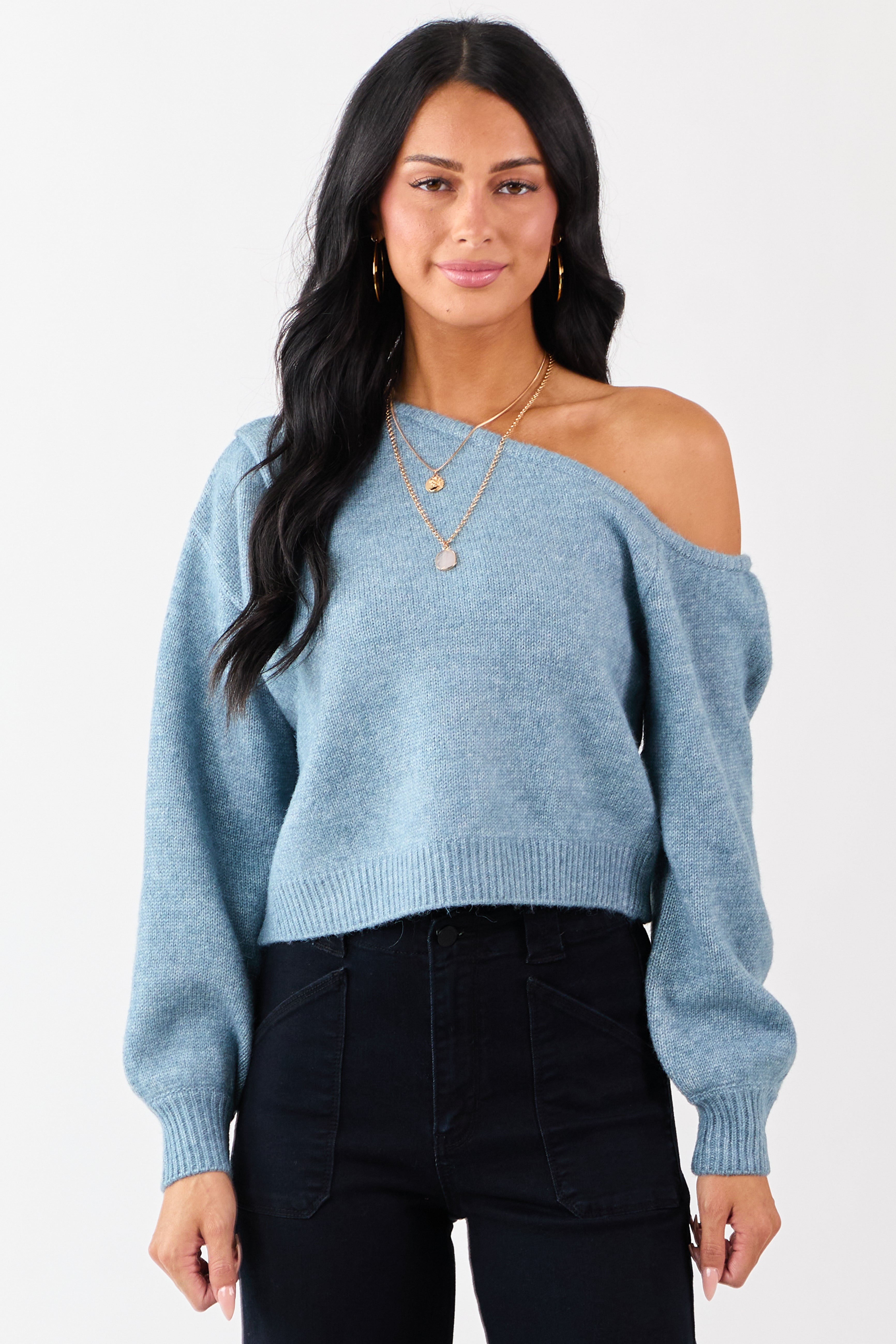 Heathered Ocean Asymmetrical One Shoulder Sweater