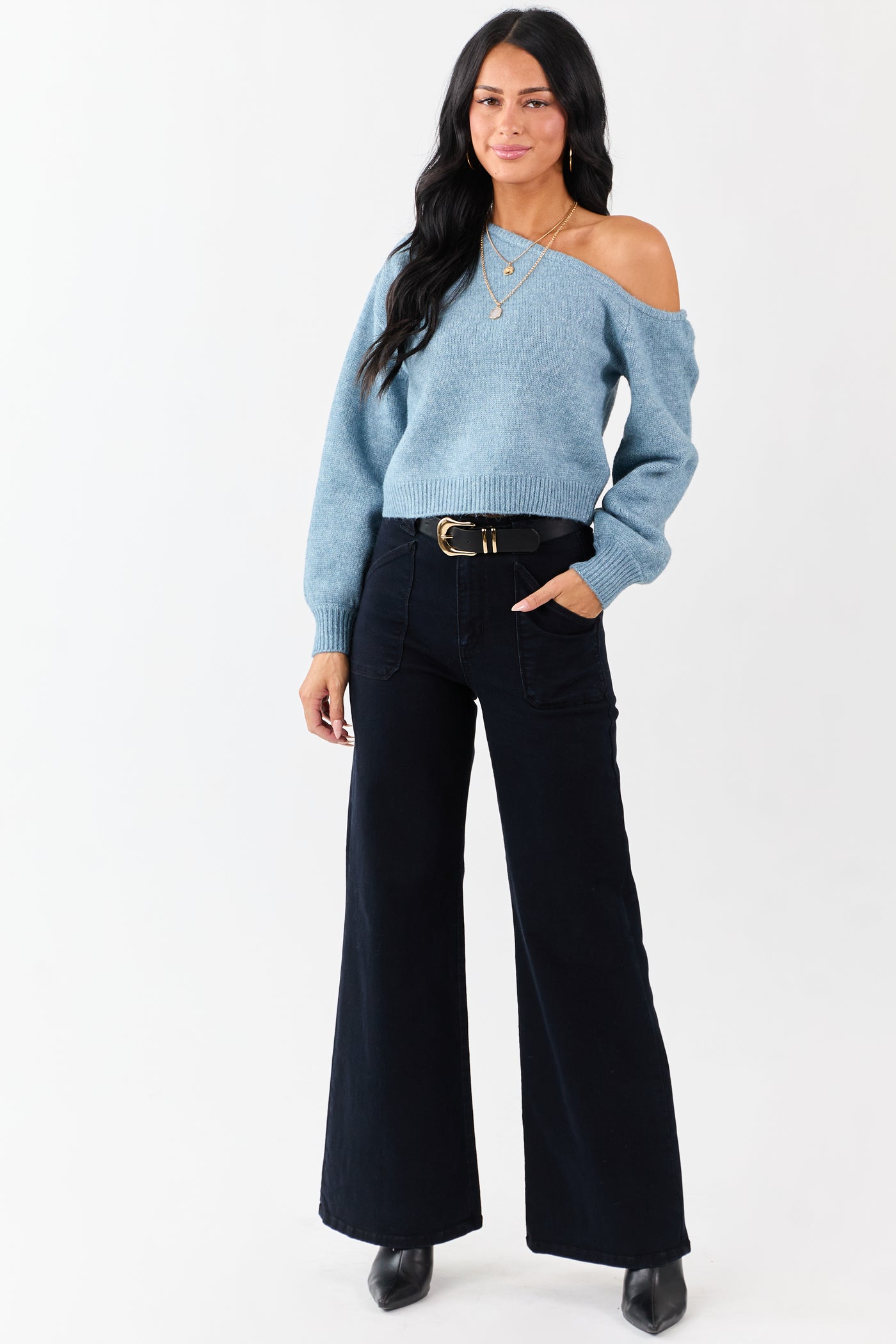 Heathered Ocean Asymmetrical One Shoulder Sweater