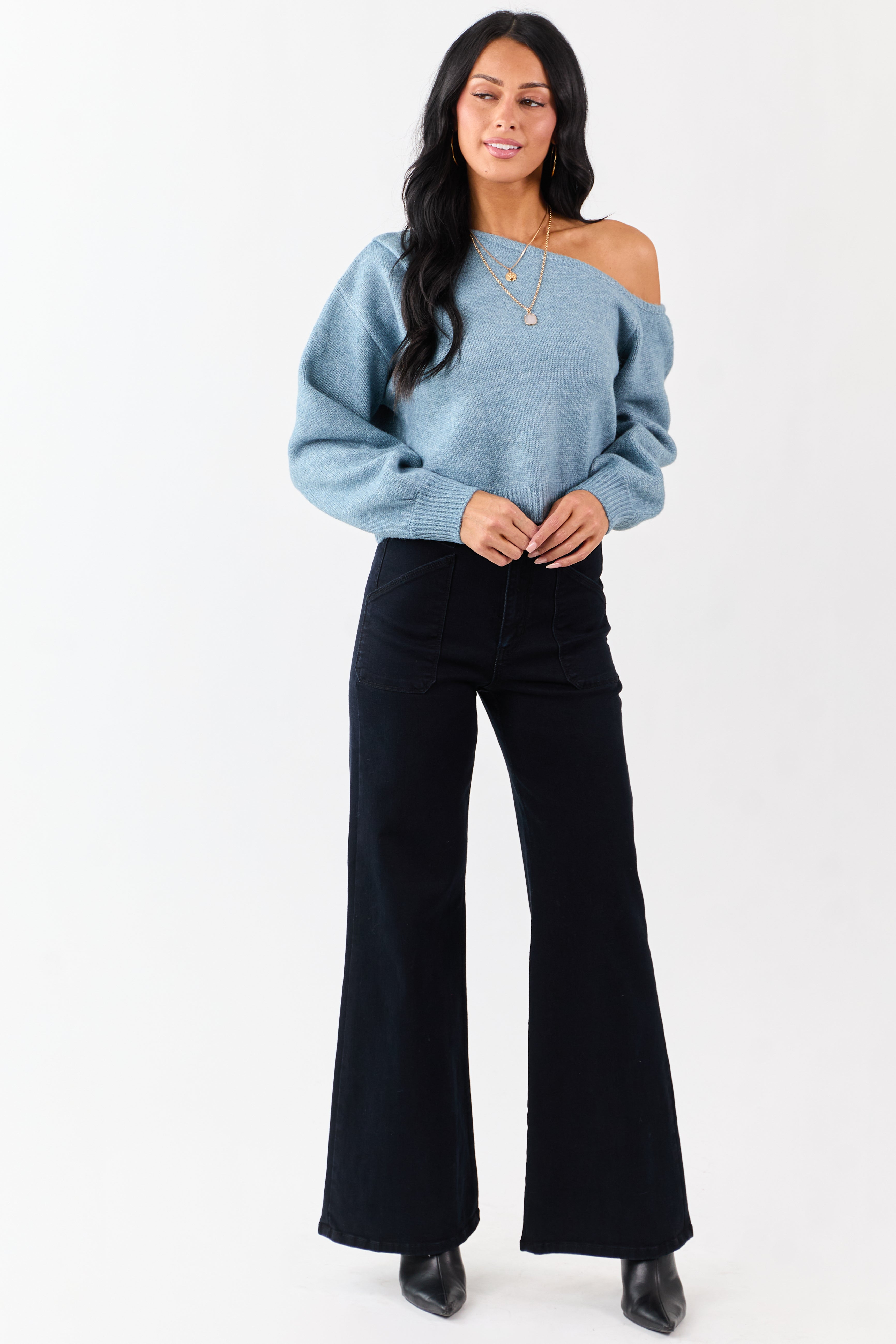 Heathered Ocean Asymmetrical One Shoulder Sweater