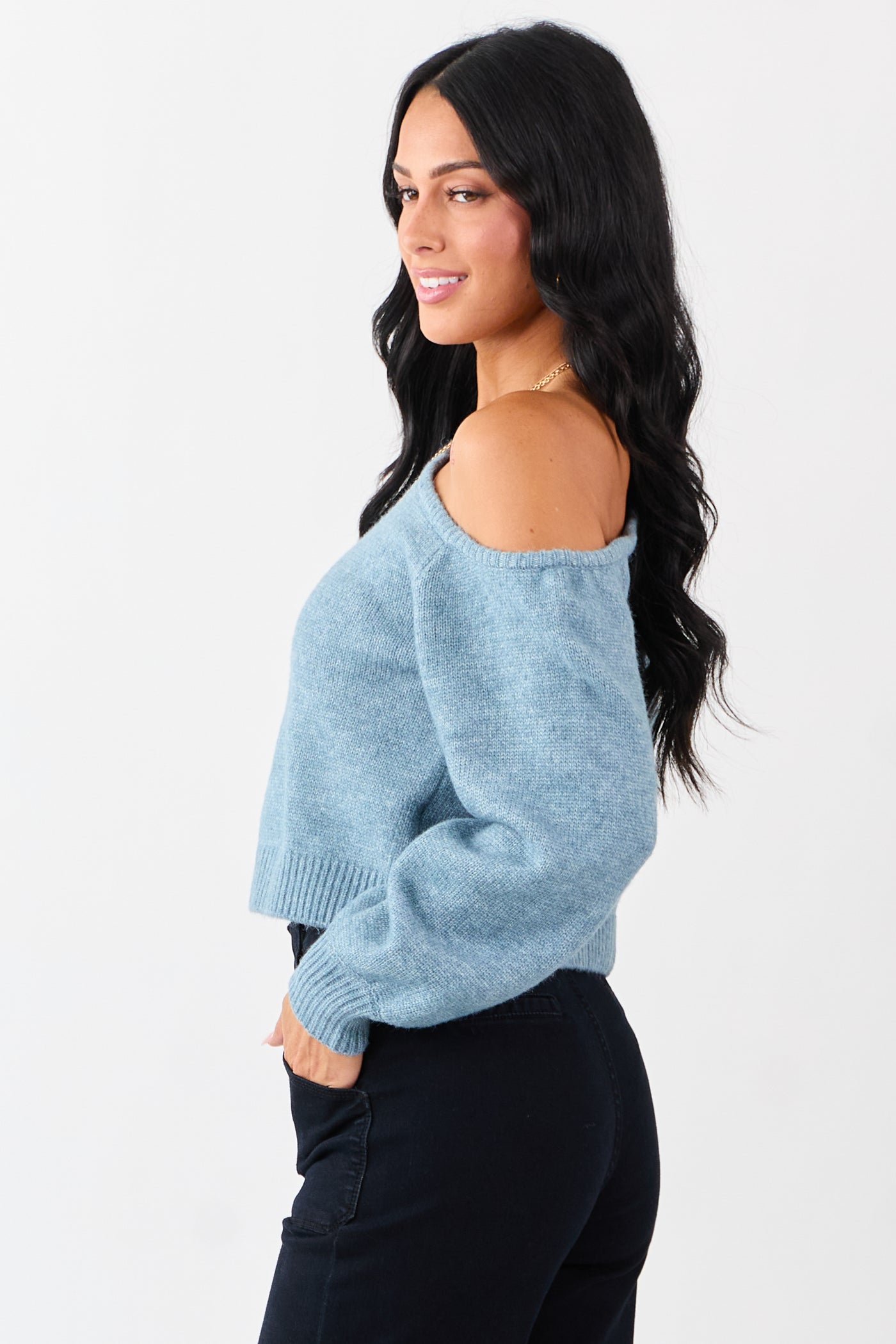 Heathered Ocean Asymmetrical One Shoulder Sweater