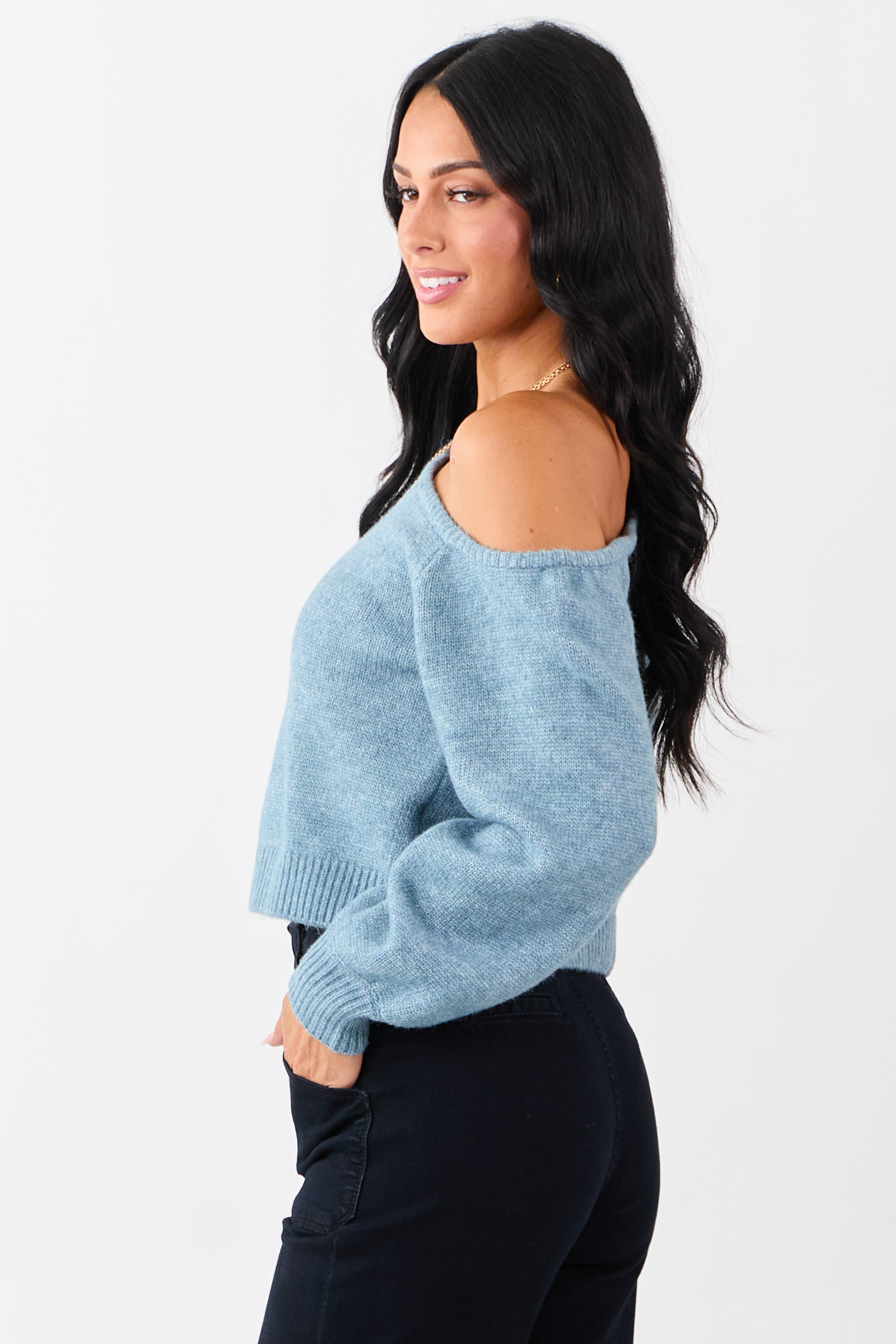 Heathered Ocean Asymmetrical One Shoulder Sweater