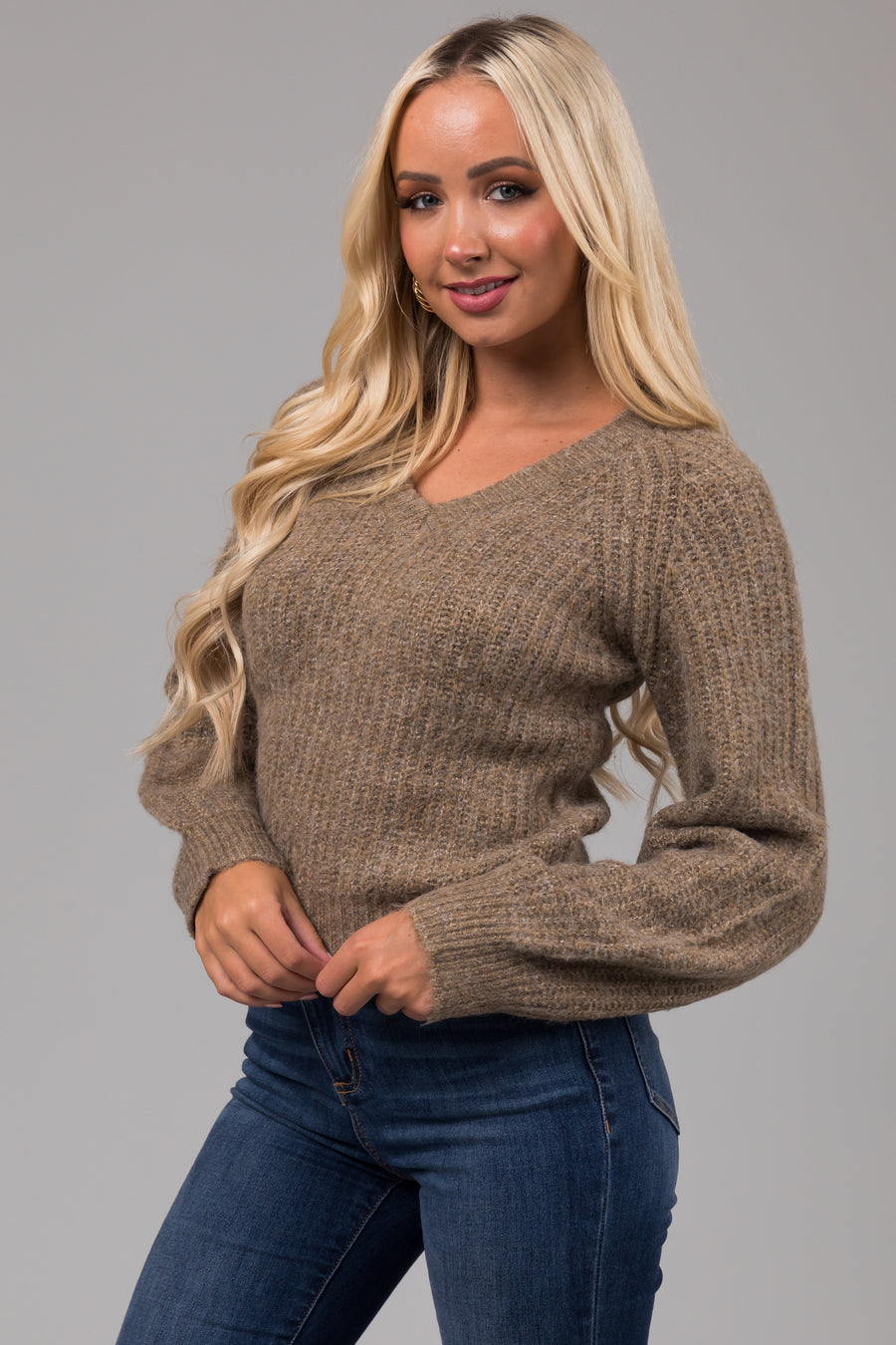 Heathered Peanut V Neck Bubble Sleeve Sweater
