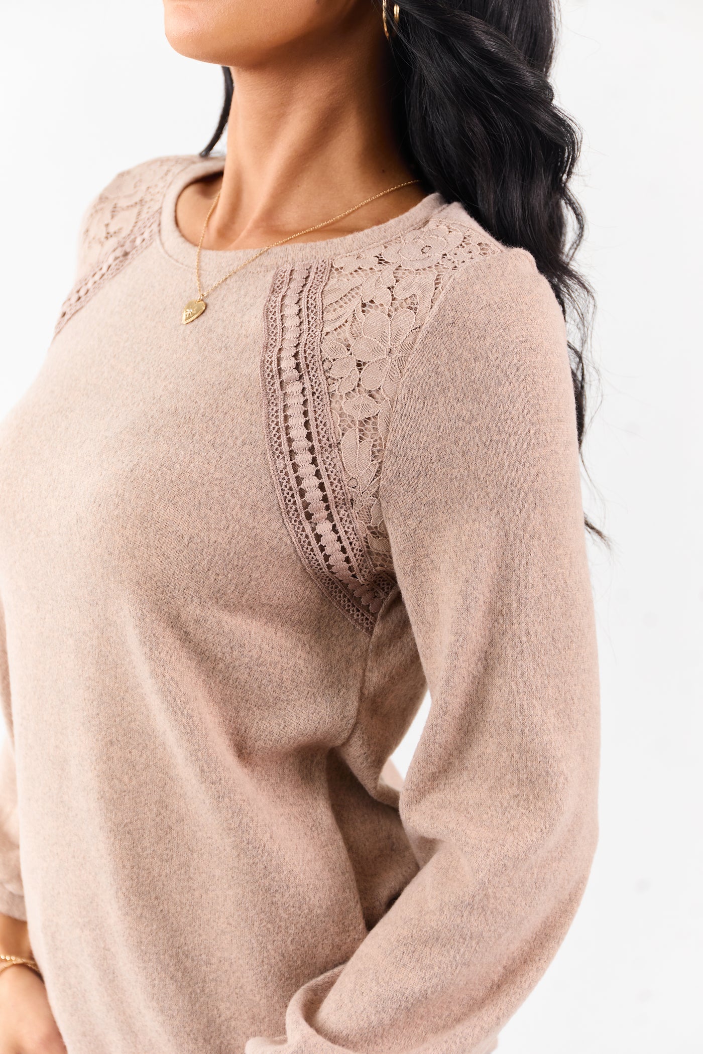 Heathered Rose Taupe Floral Lace Detail Sweater