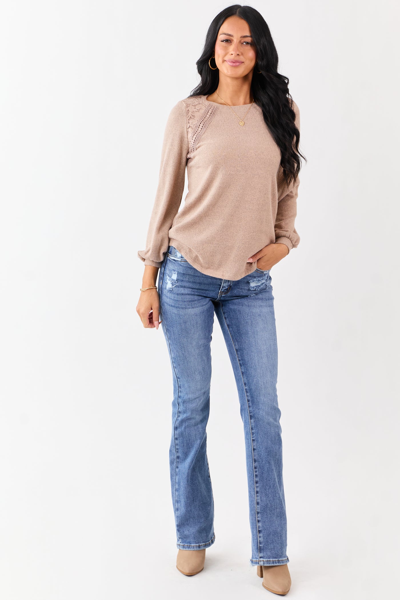 Heathered Rose Taupe Floral Lace Detail Sweater