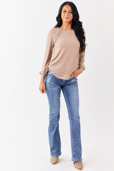 Heathered Rose Taupe Floral Lace Detail Sweater