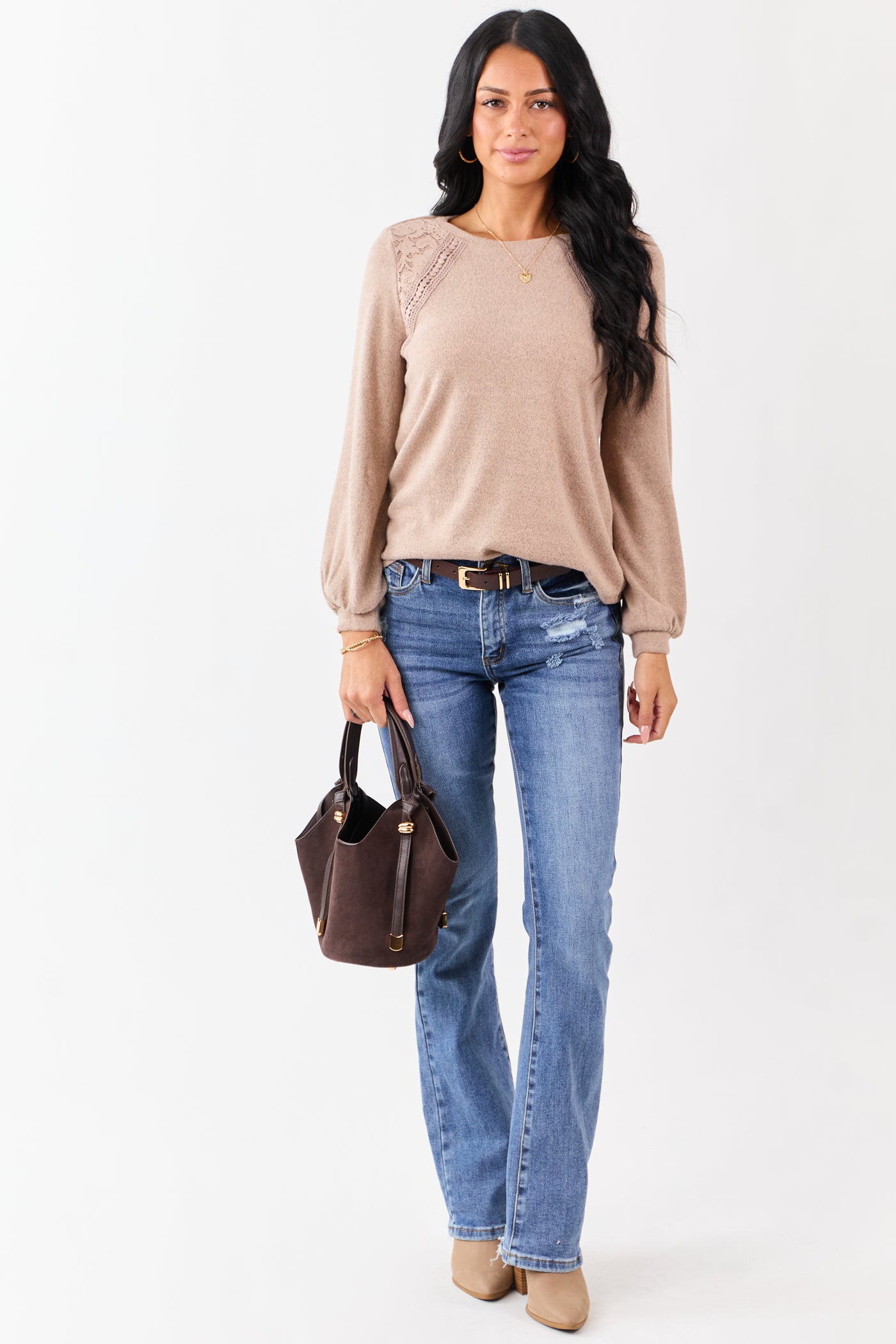 Heathered Rose Taupe Floral Lace Detail Sweater