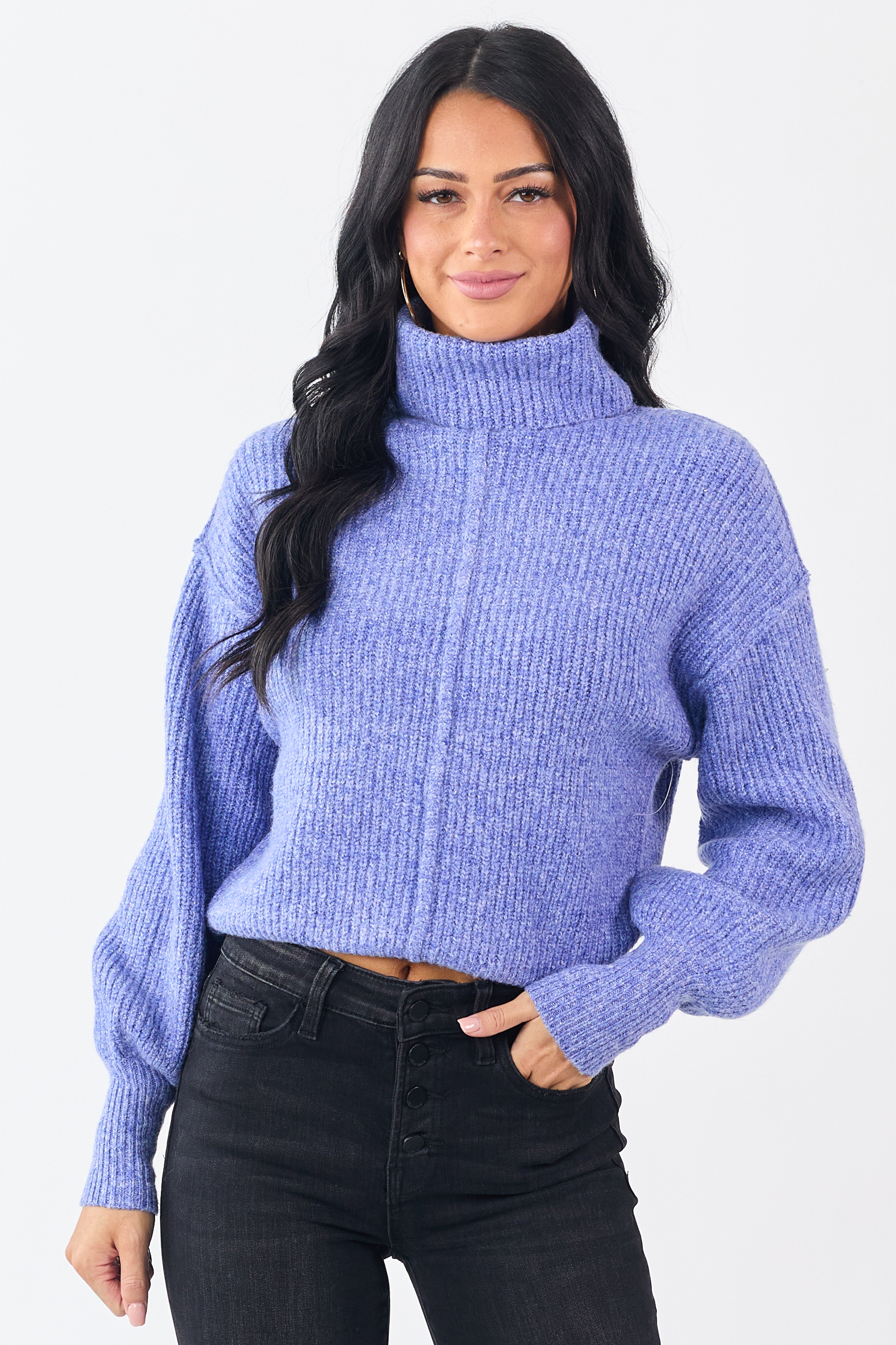 Heathered Sapphire Turtleneck Bubble Sleeve Sweater