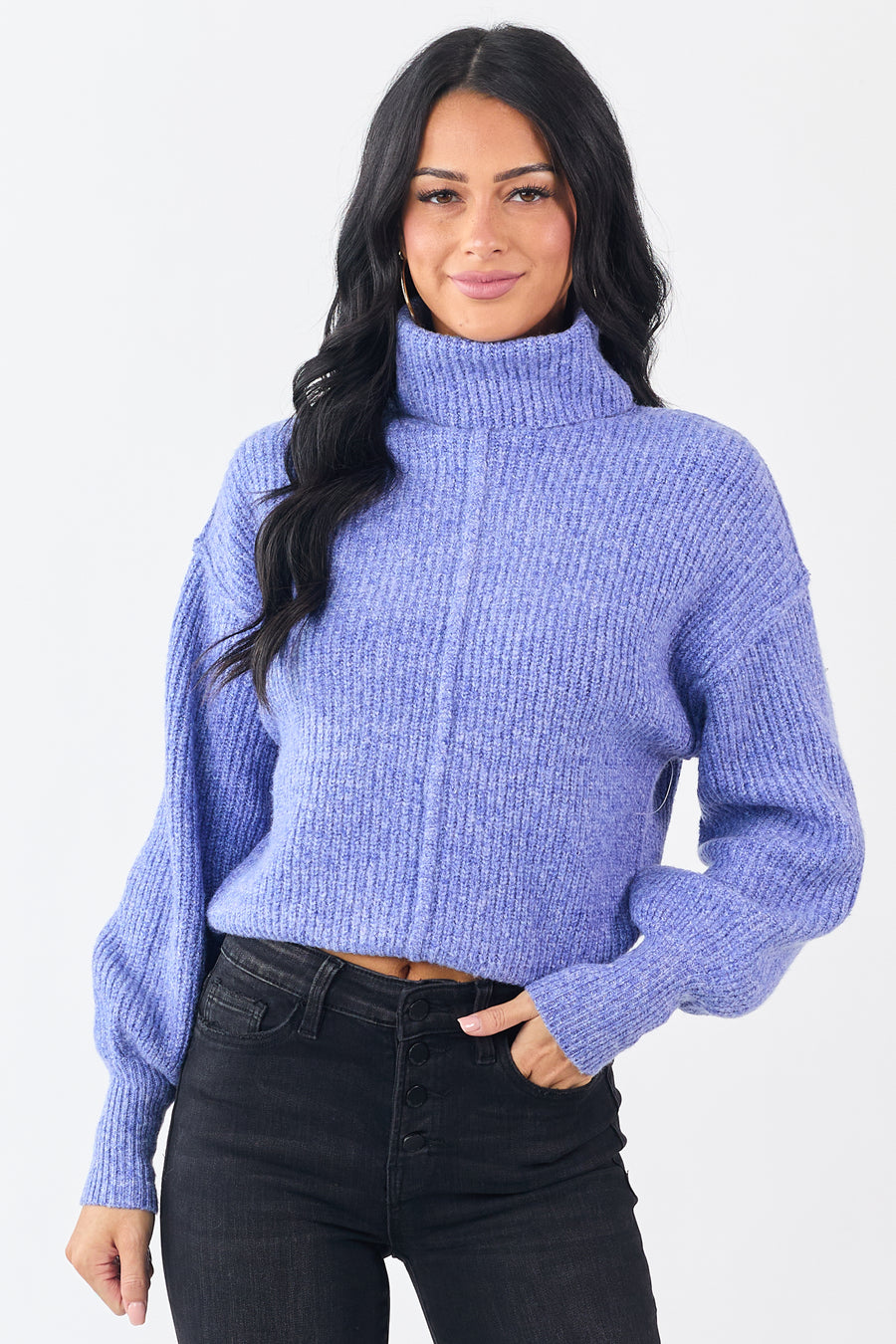 Heathered Sapphire Turtleneck Bubble Sleeve Sweater