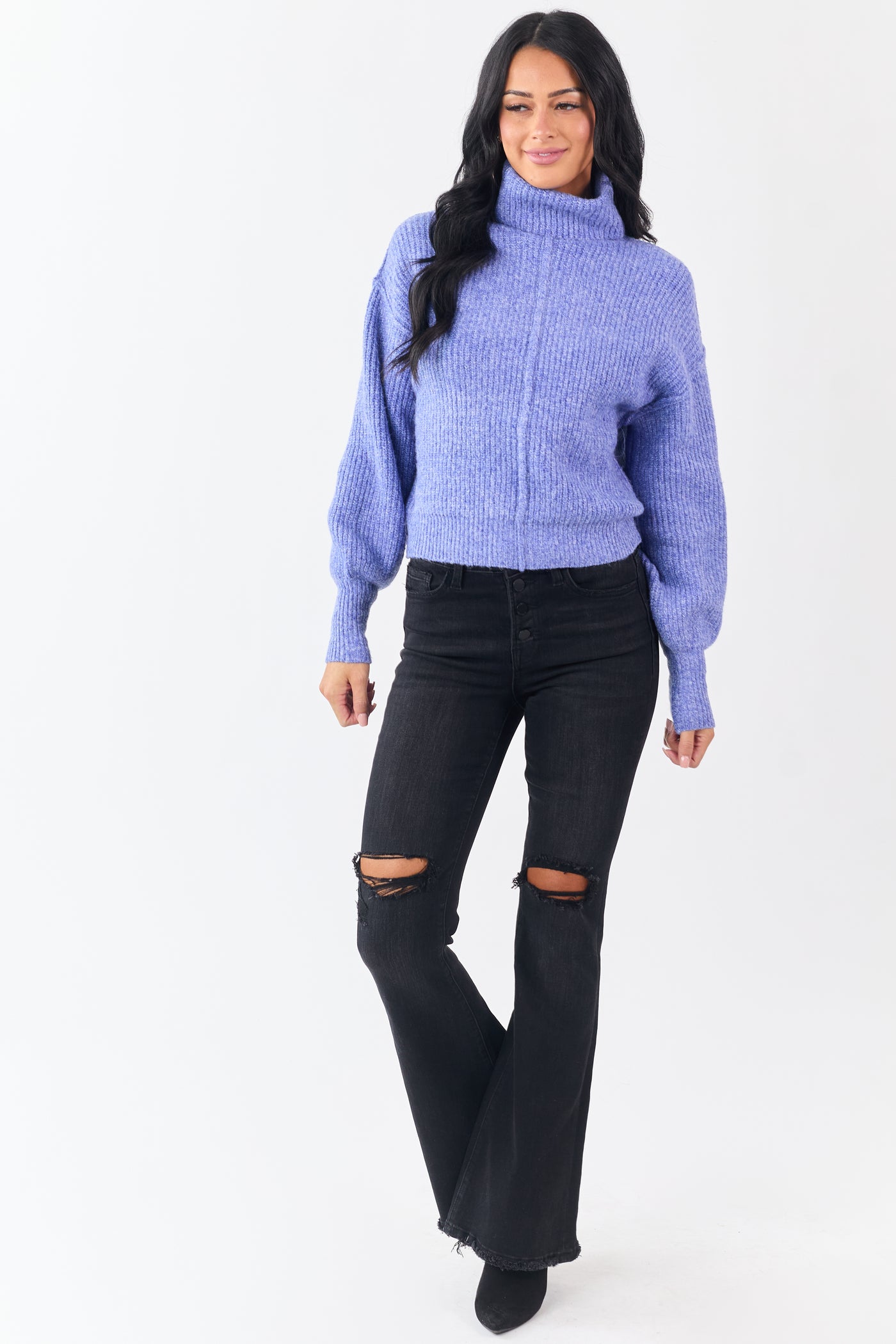 Heathered Sapphire Turtleneck Bubble Sleeve Sweater