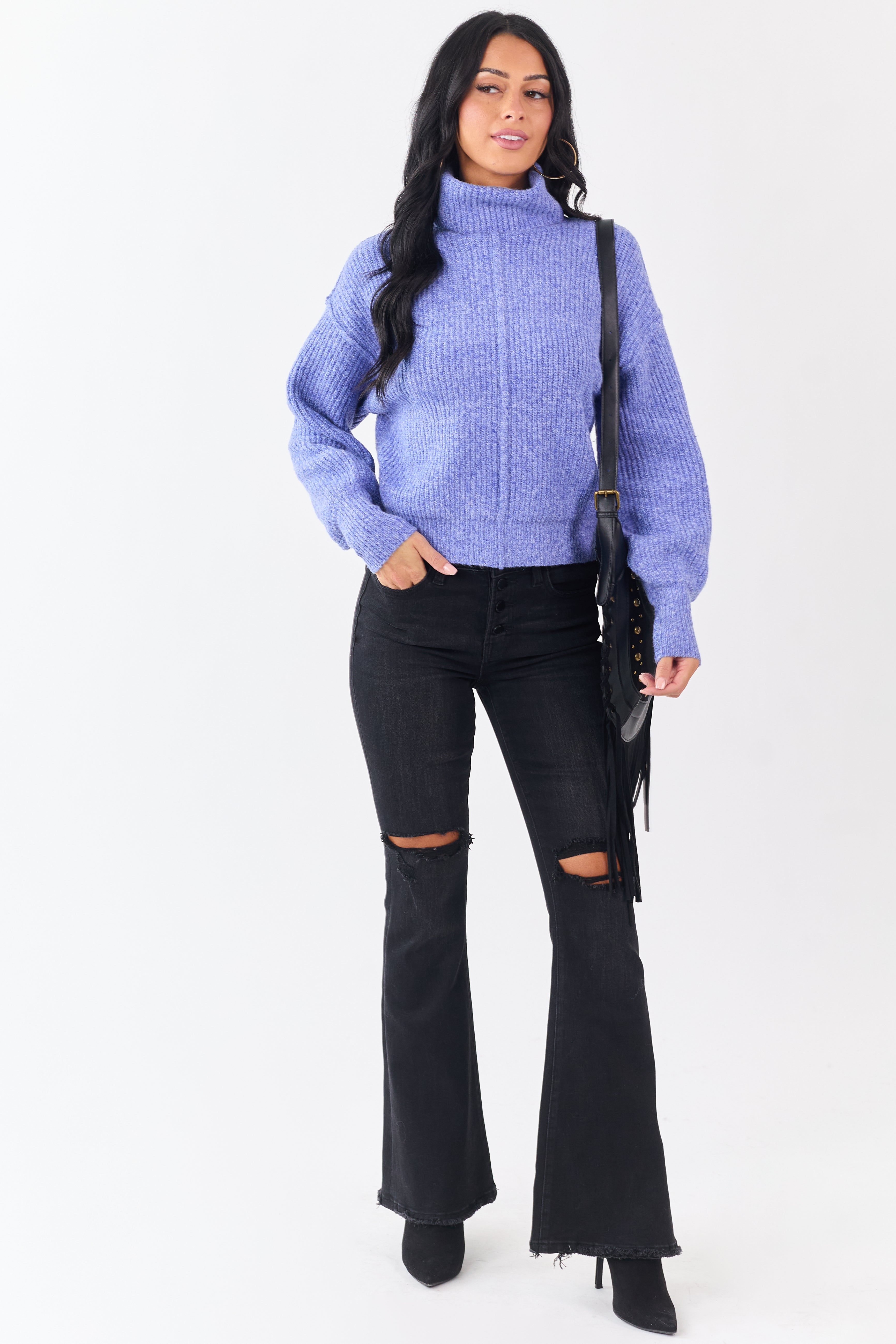 Heathered Sapphire Turtleneck Bubble Sleeve Sweater