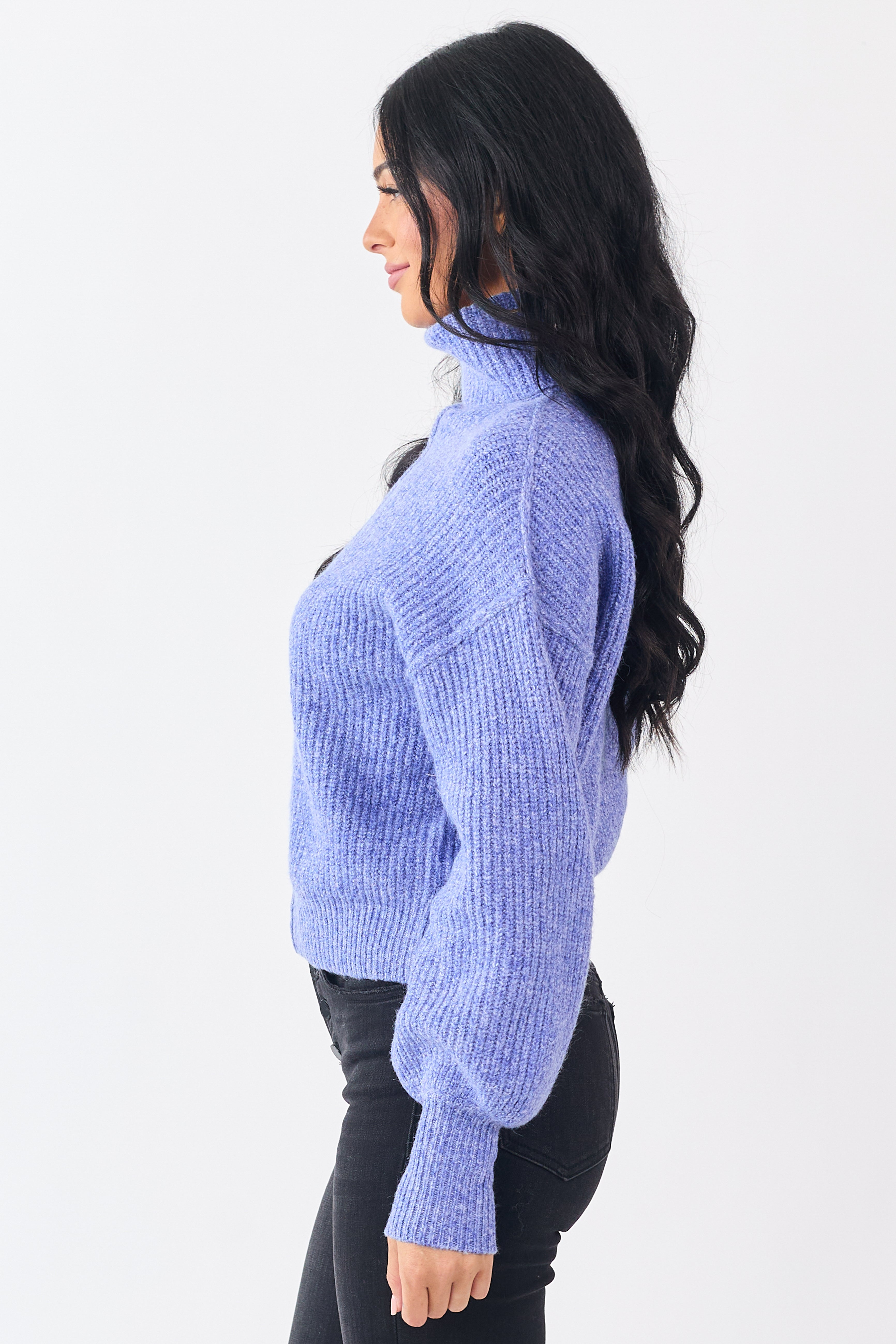 Heathered Sapphire Turtleneck Bubble Sleeve Sweater