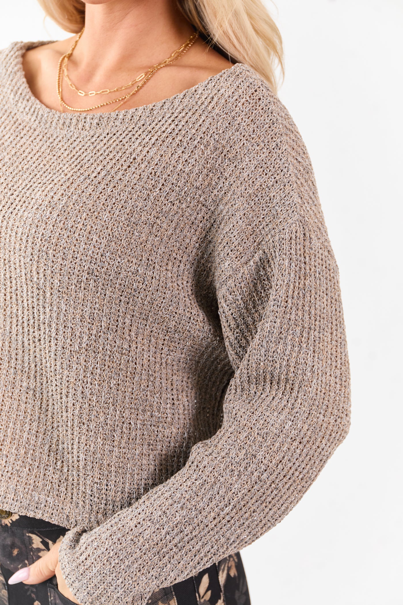 Heathered Taupe Open Knit Boxy Long Sleeve Top