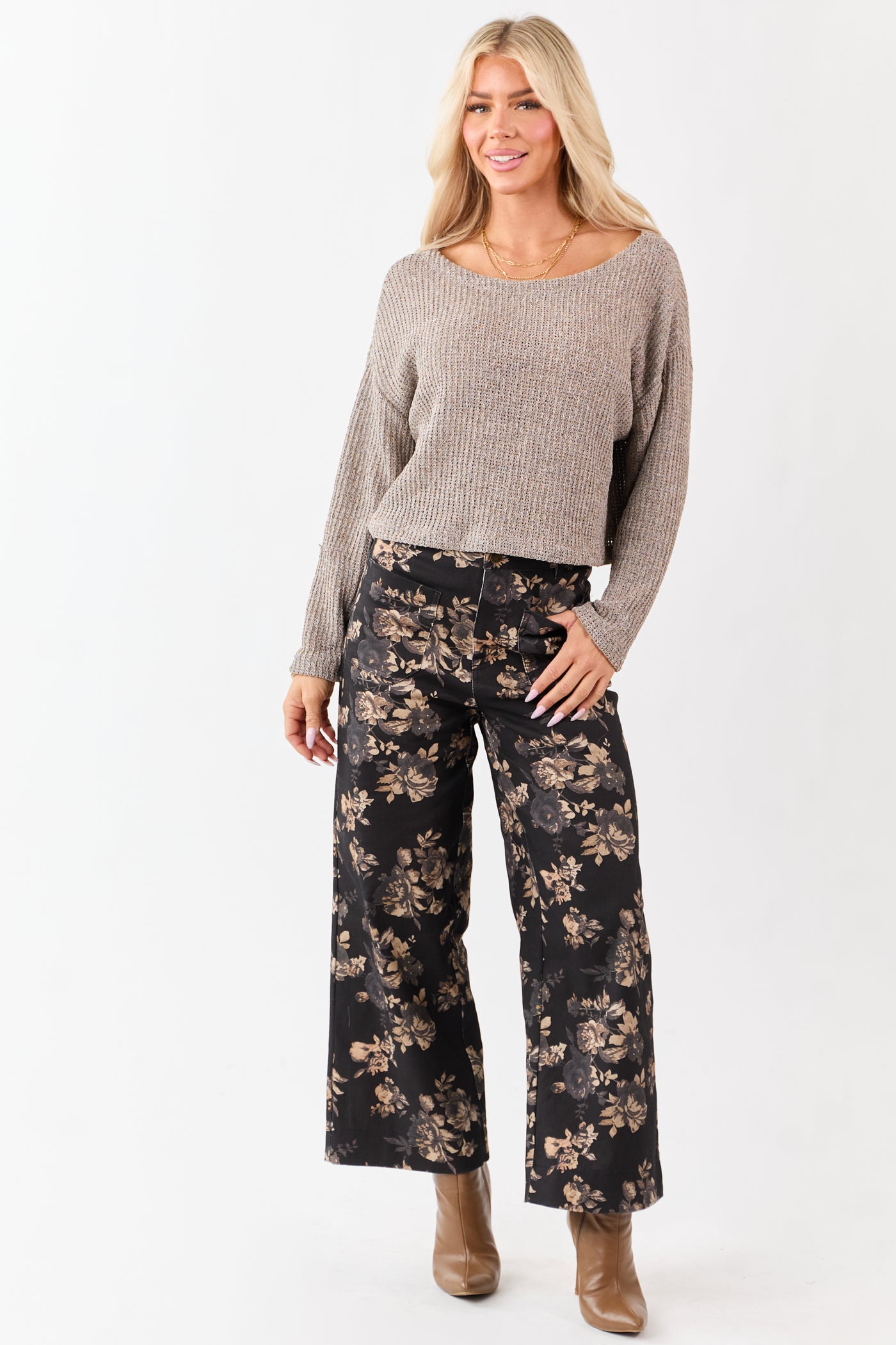 Heathered Taupe Open Knit Boxy Long Sleeve Top