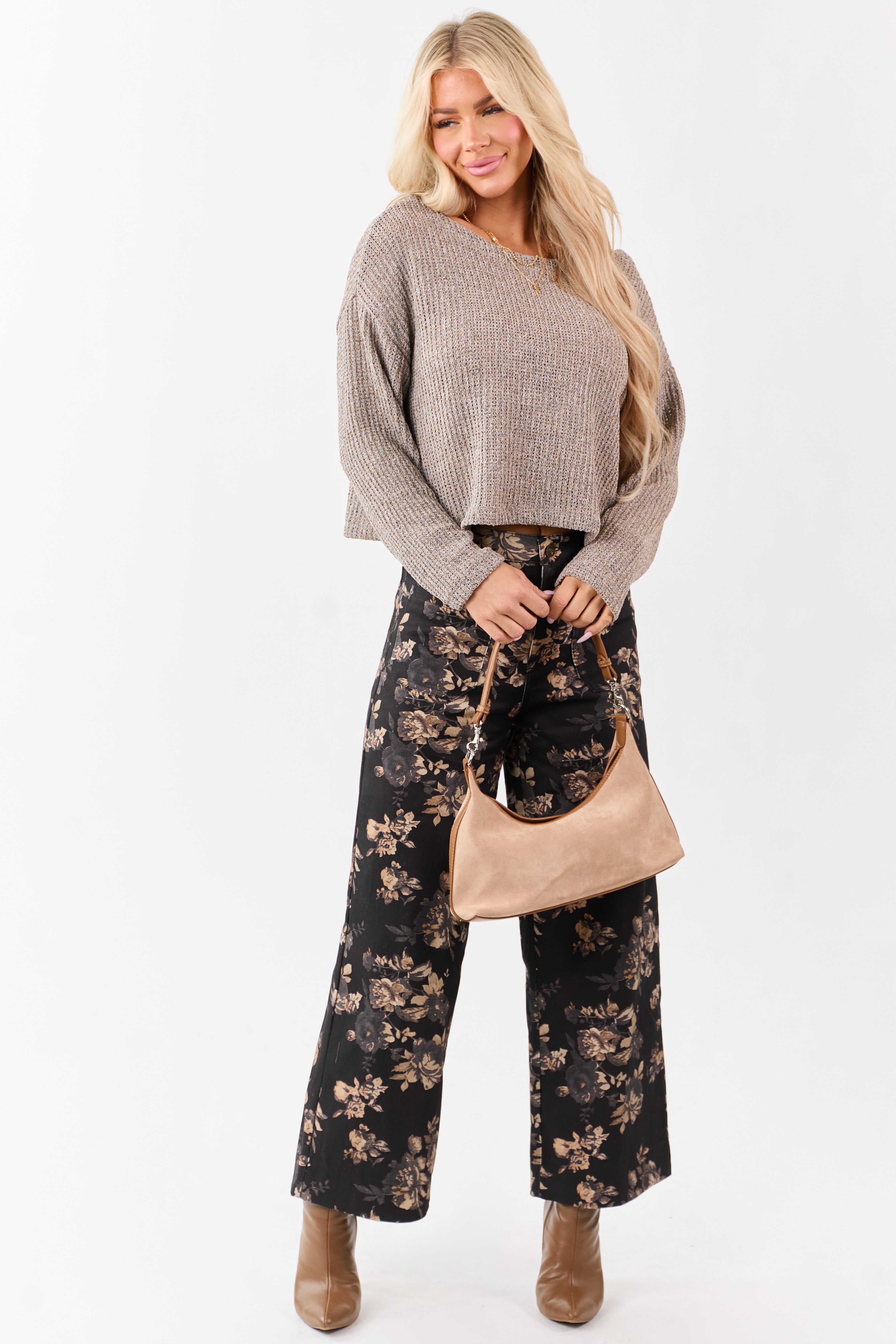 Heathered Taupe Open Knit Boxy Long Sleeve Top