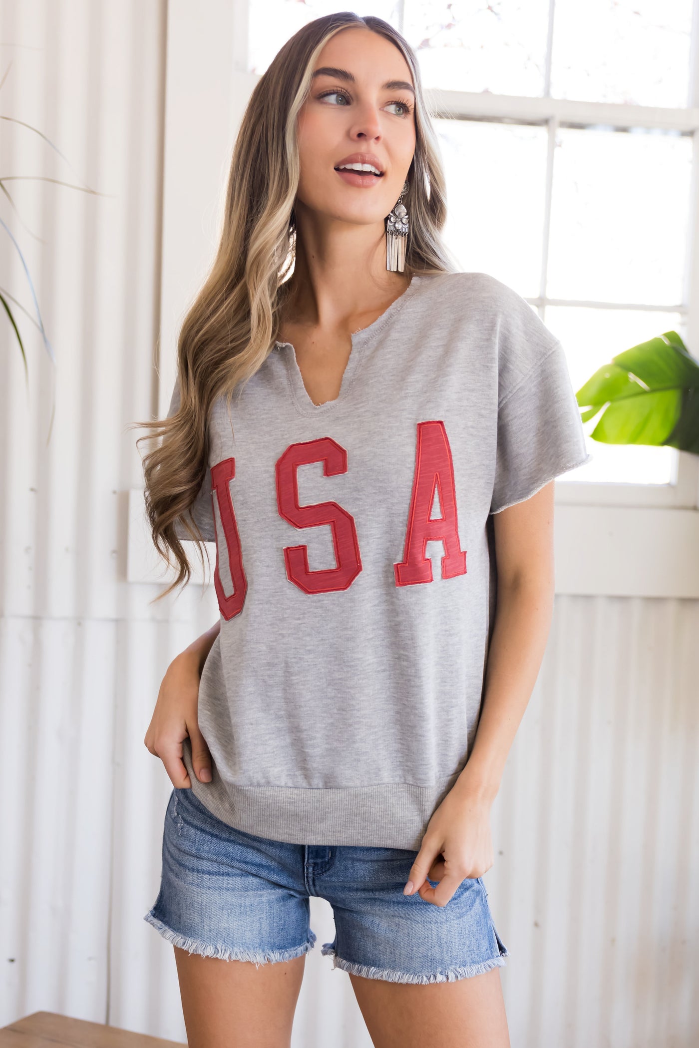 Heathered Grey Split Neck 'USA' Graphic Top