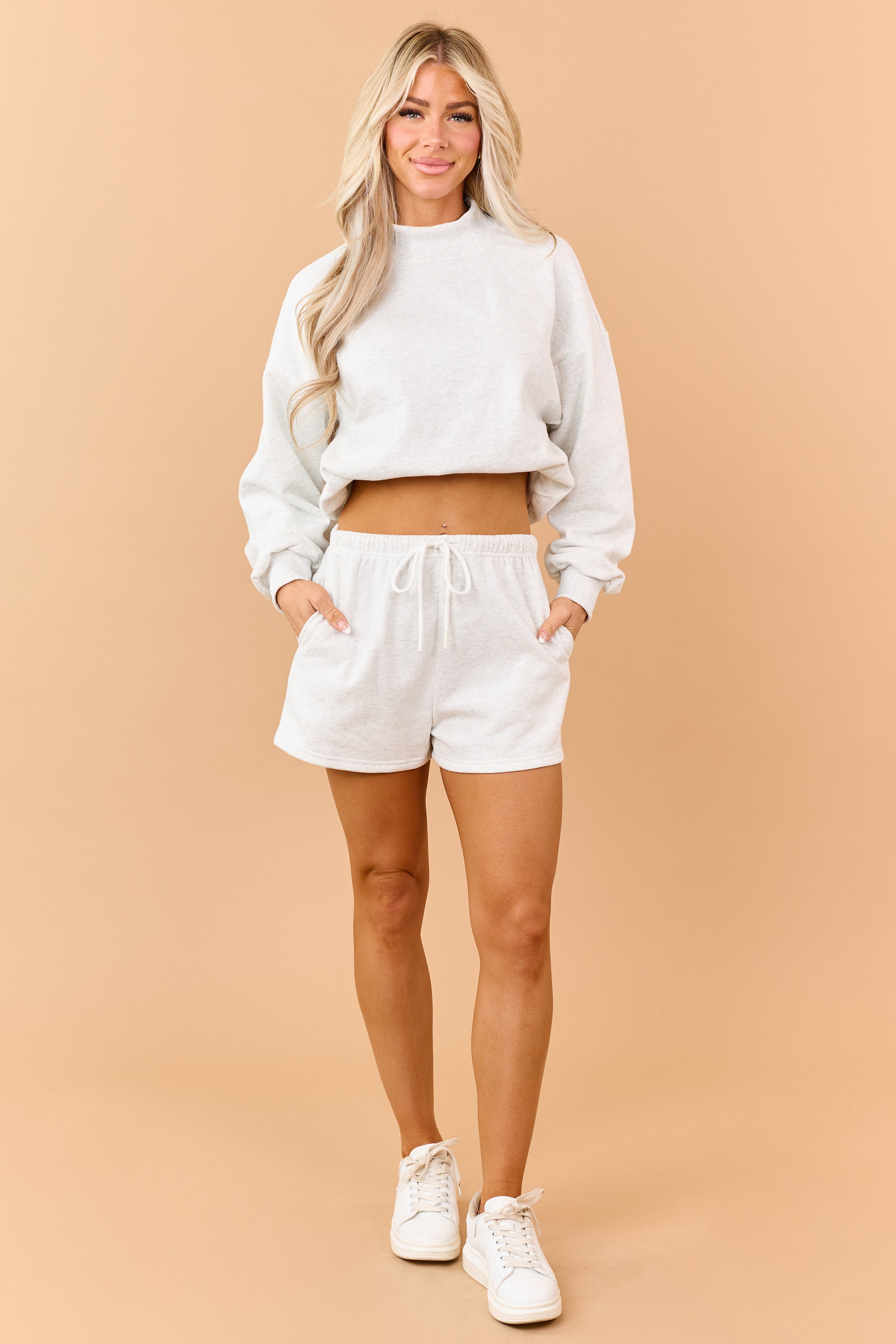 Heathered Vanilla Sweatshirt and Shorts Knit Set