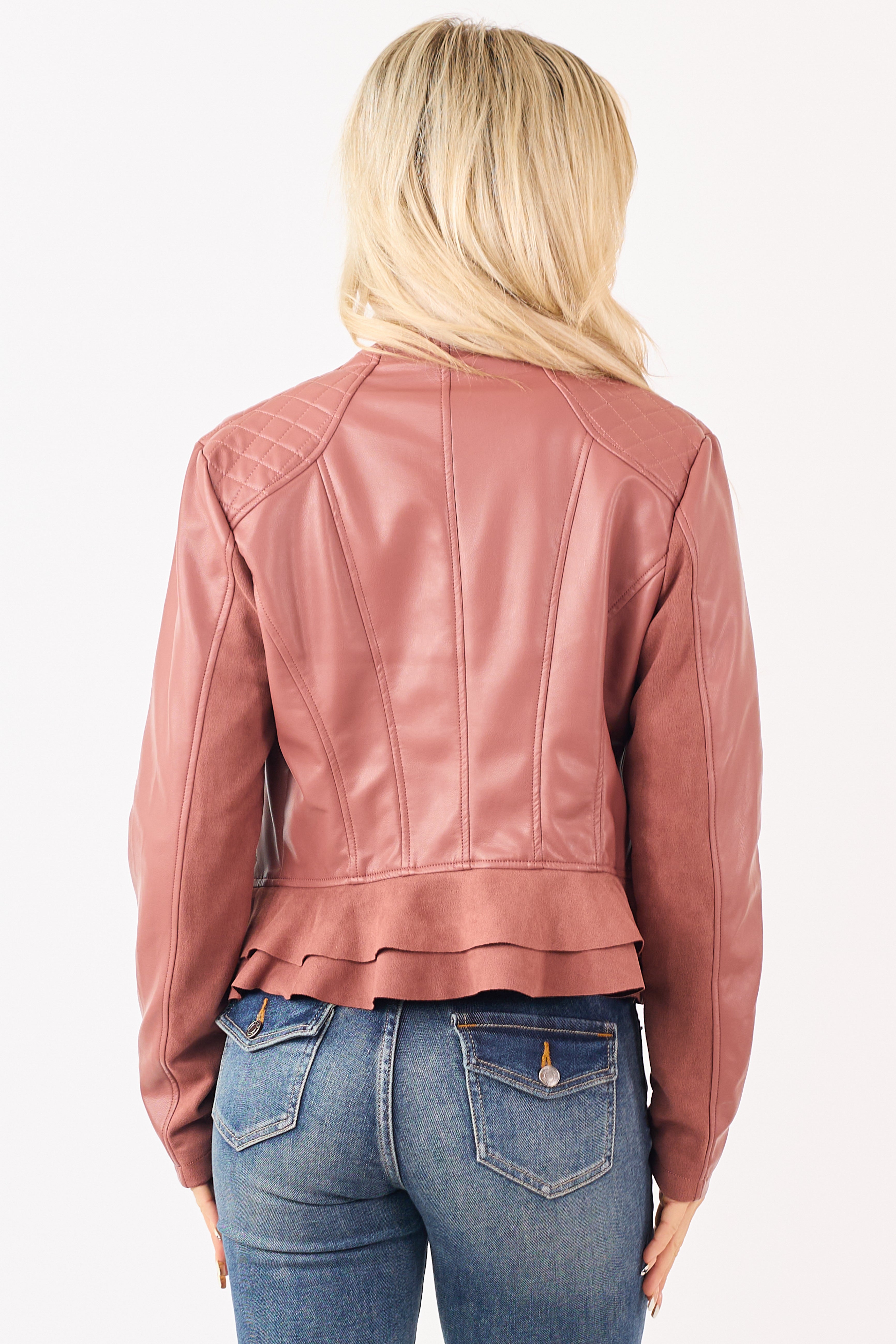 Hibiscus Faux Leather Zip Up Ruffle Jacket