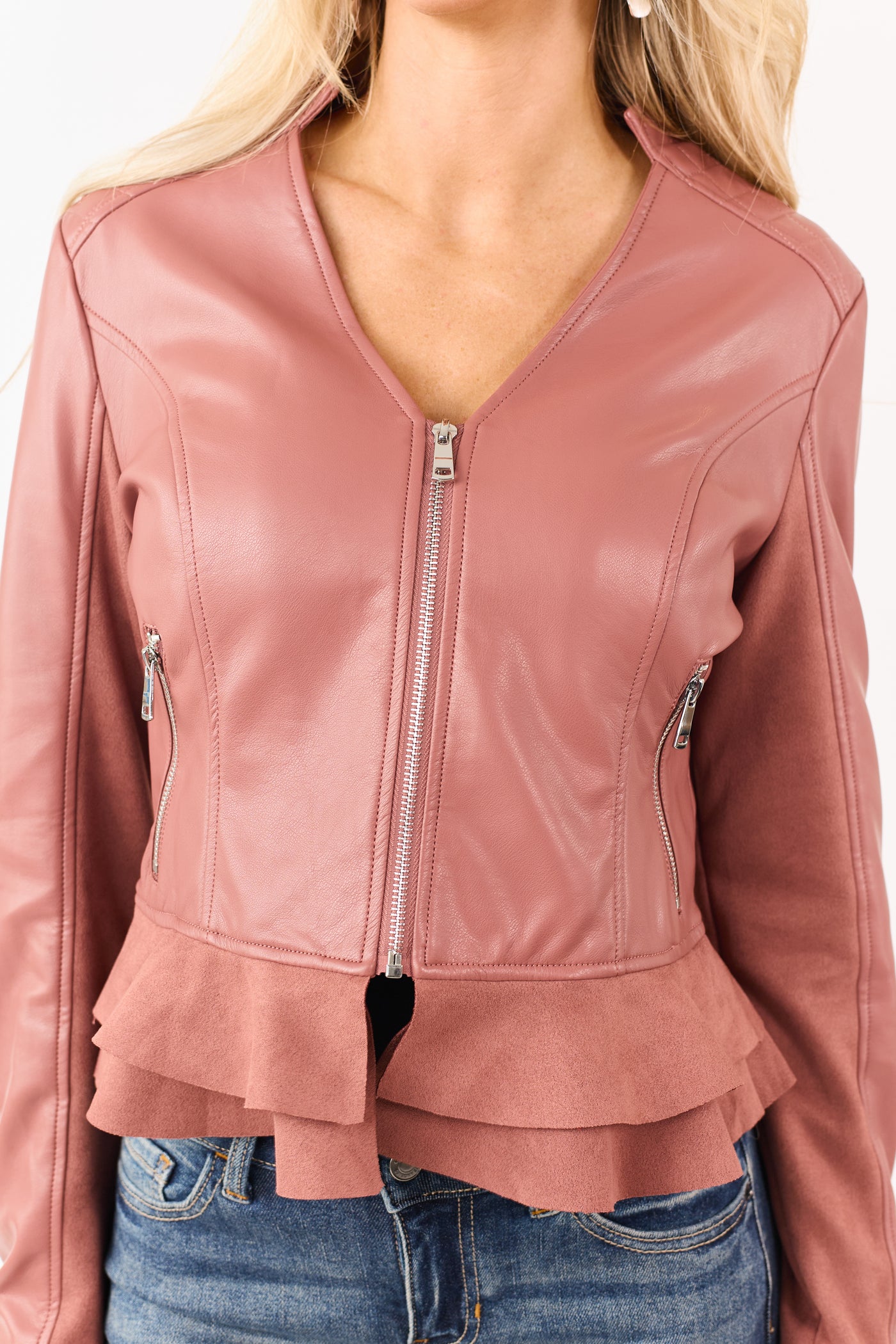 Hibiscus Faux Leather Zip Up Ruffle Jacket