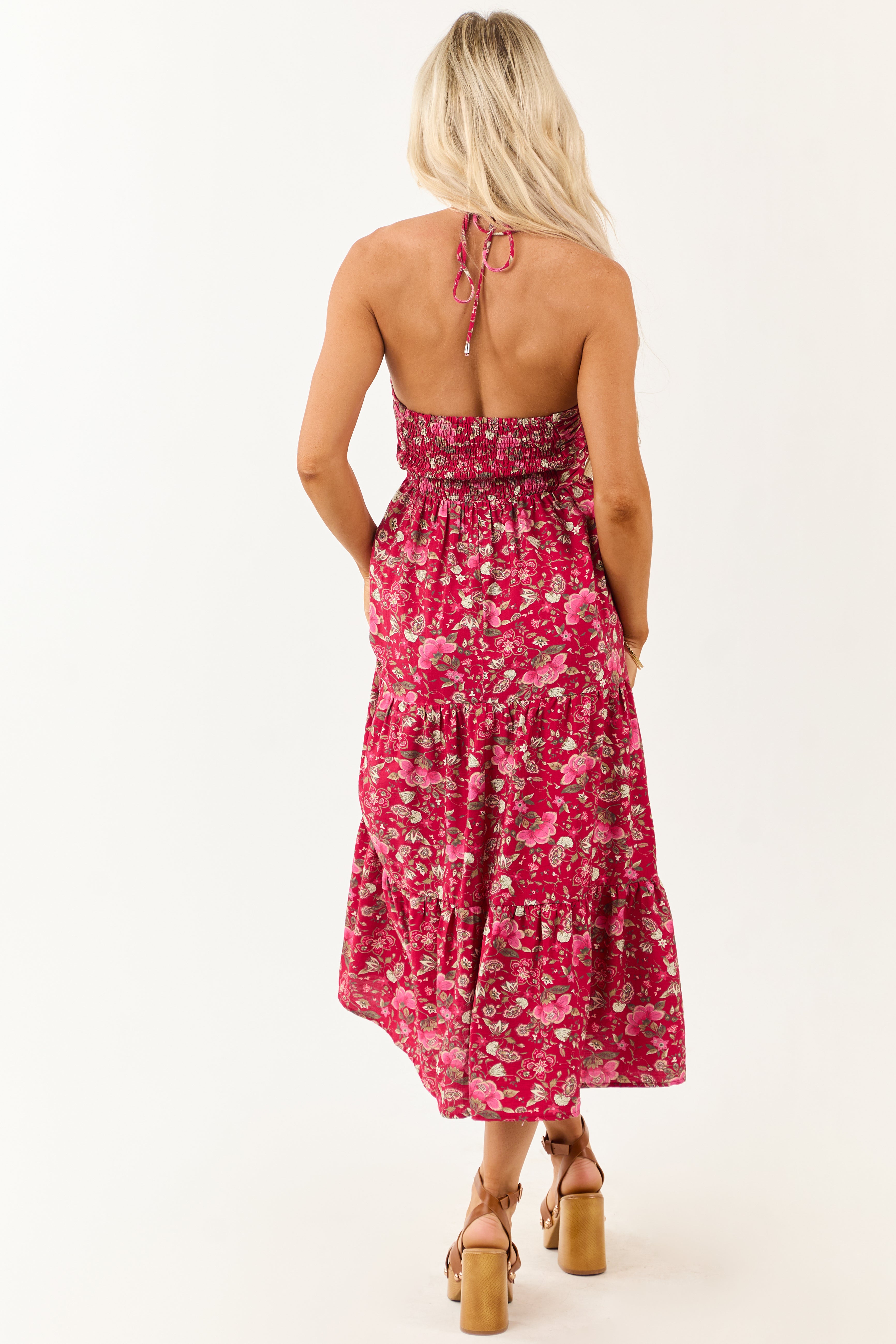 Hibiscus Floral Print Halter Tie Neck Midi Dress