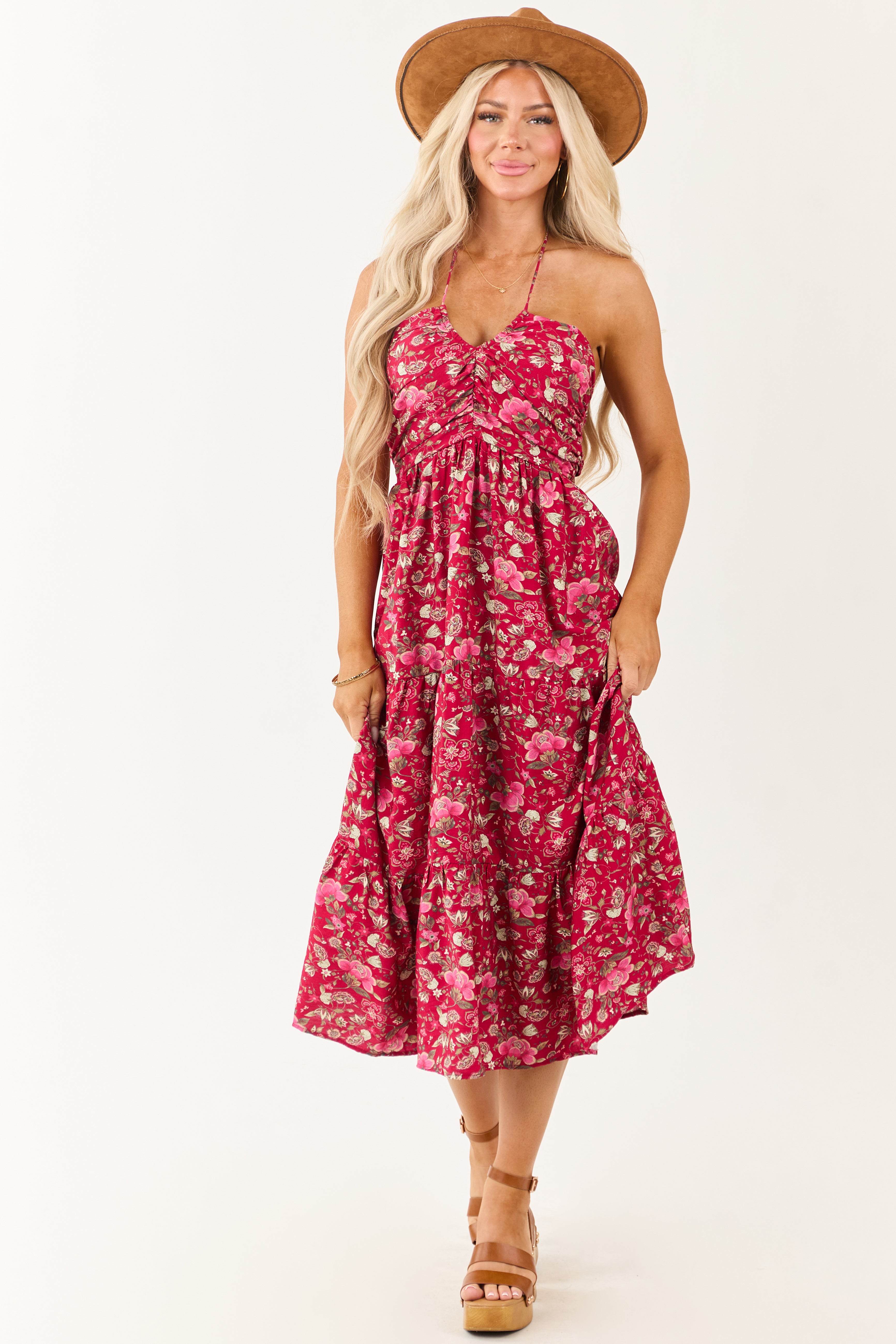 Hibiscus Floral Print Halter Tie Neck Midi Dress Hibiscus Floral Print Halter Tie Neck Midi Dress