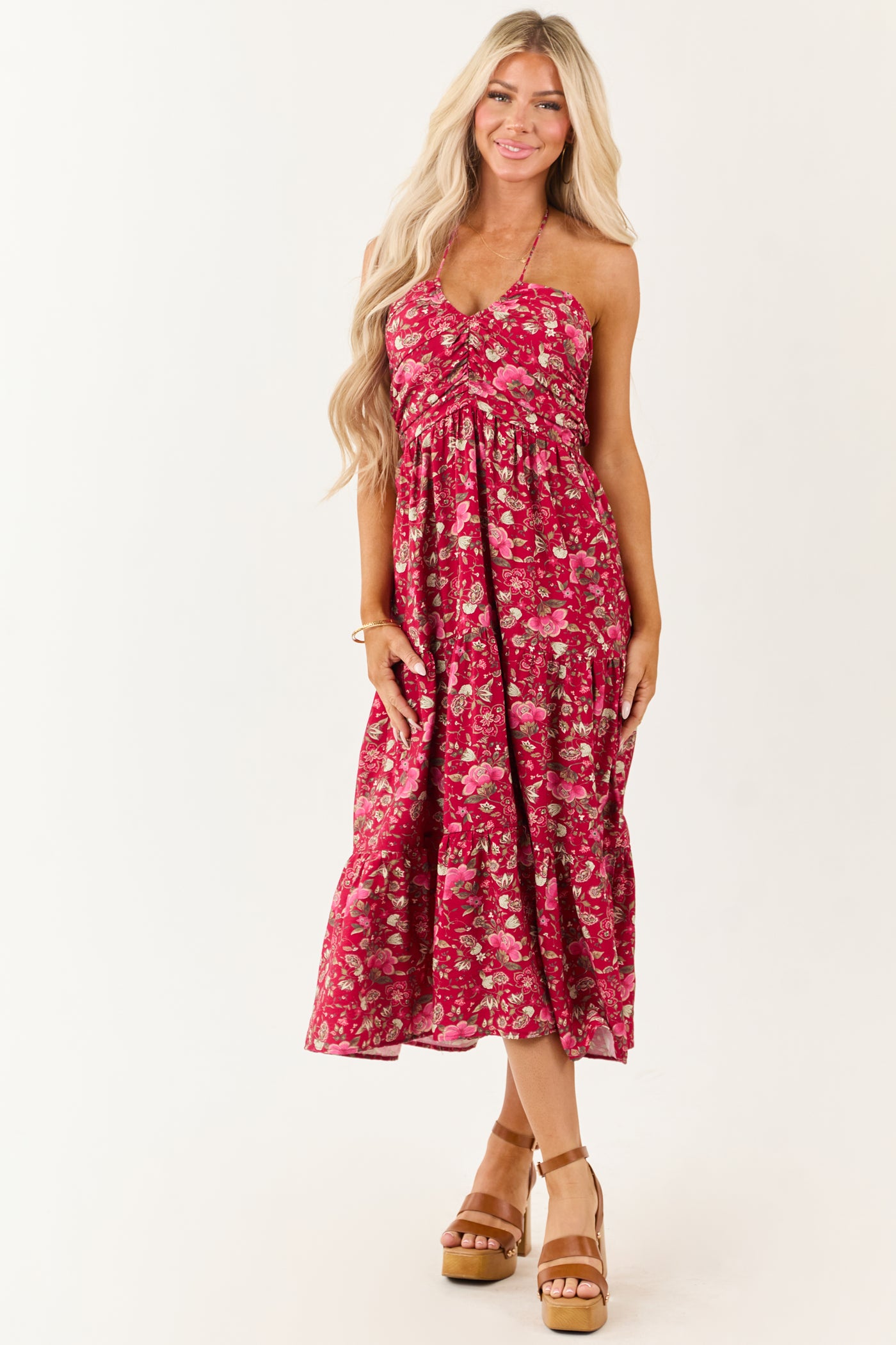 Hibiscus Floral Print Halter Tie Neck Midi Dress