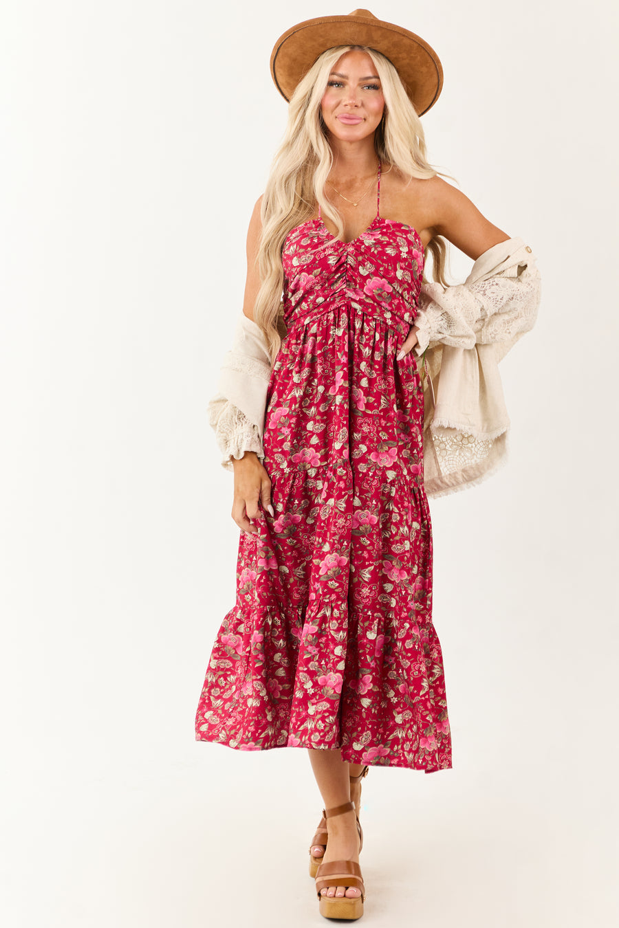 Hibiscus Floral Print Halter Tie Neck Midi Dress