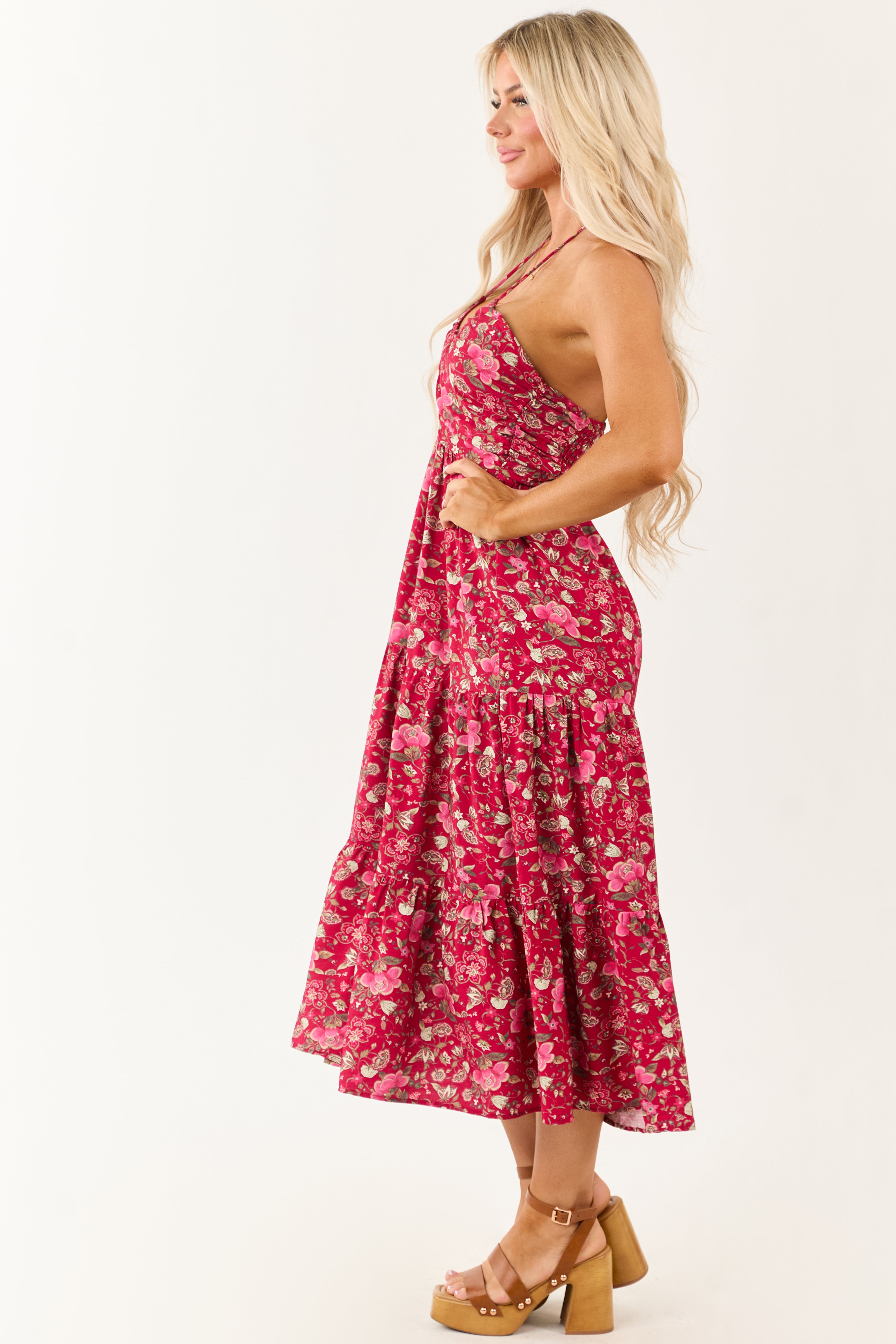 Hibiscus Floral Print Halter Tie Neck Midi Dress