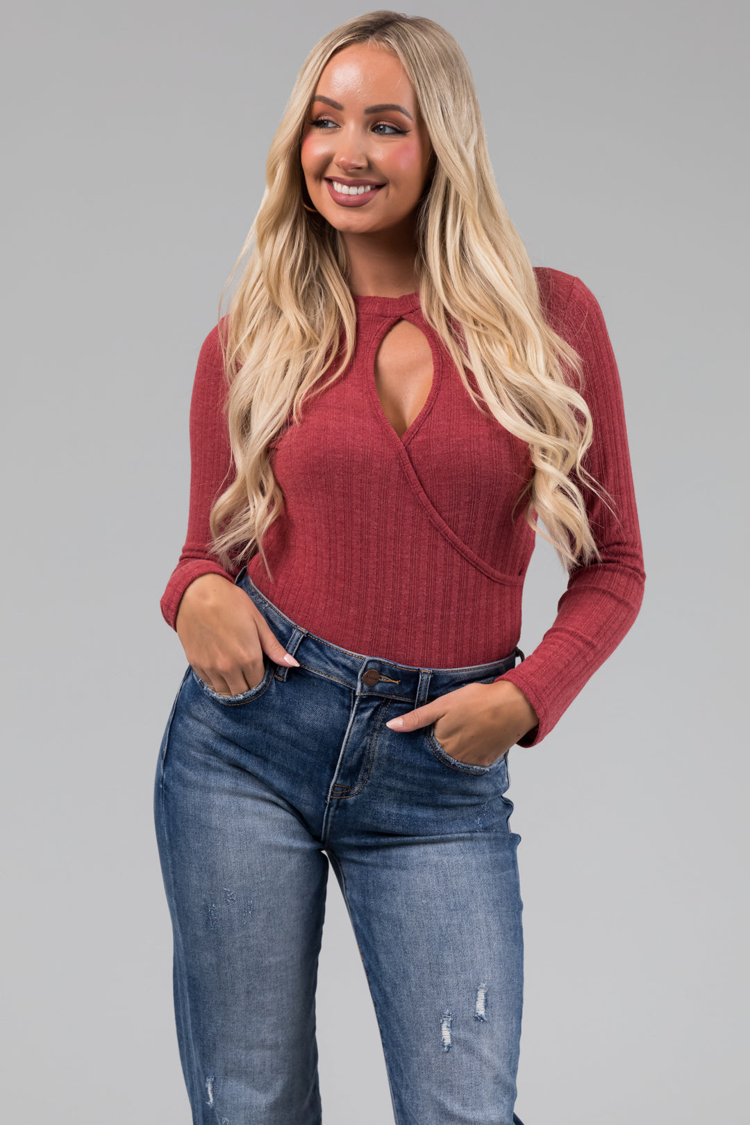 Hibiscus Knit Long Sleeve Keyhole Neck Bodysuit