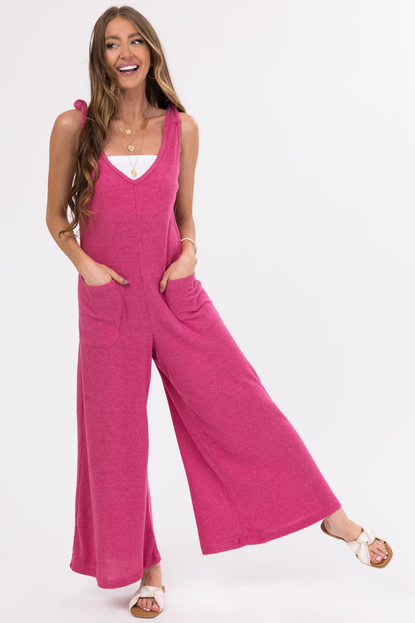 Hibiscus Knot Strap Wide Leg Ribbed Jumpsuit